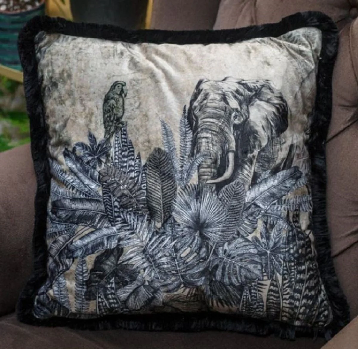 Luxury decorative cushion Africa beige / black / white 45 x 45 cm - printed velvet cushion with fringes - elegant decorative cushion - luxury collection