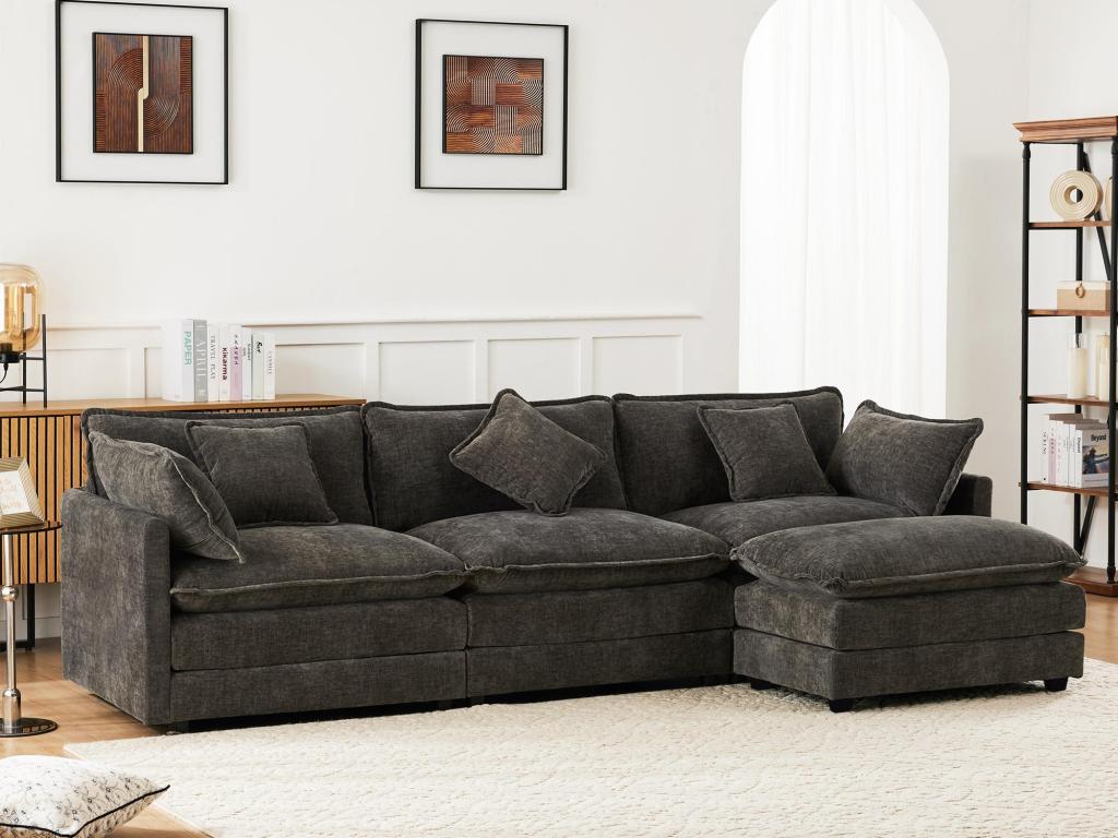 Sofá esquinero de chenilla de 3 plazas con reposapiés modular - gris