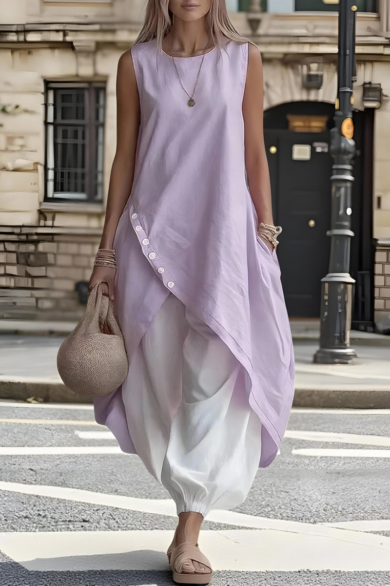 Women's Everyday Round-Neck Linen Midi Dress with Asymmetrical Hem and Pockets - Nordfashionstorm - Women's Clothing, Fashion for You - Nordfashionstorm.com