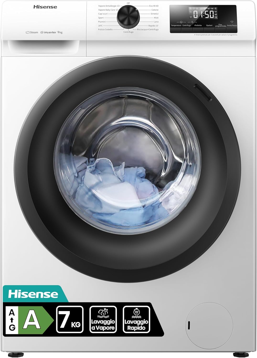 Hisense WFQE7012EVM Lavatrice Slim Carica Frontale, 7kg, Classe A, 1200 giri, Vapore, Motore Inverter