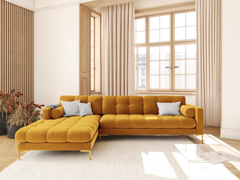 hogardiseno - Sofá esquinero izquierdo "Bali" 5 plazas de terciopelo amarillo - 293x185x75cm