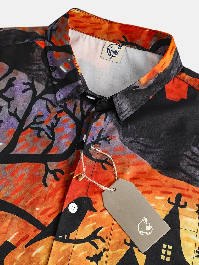 Men's Halloween Cat Print Casual Breathable Short Sleeve Shirt