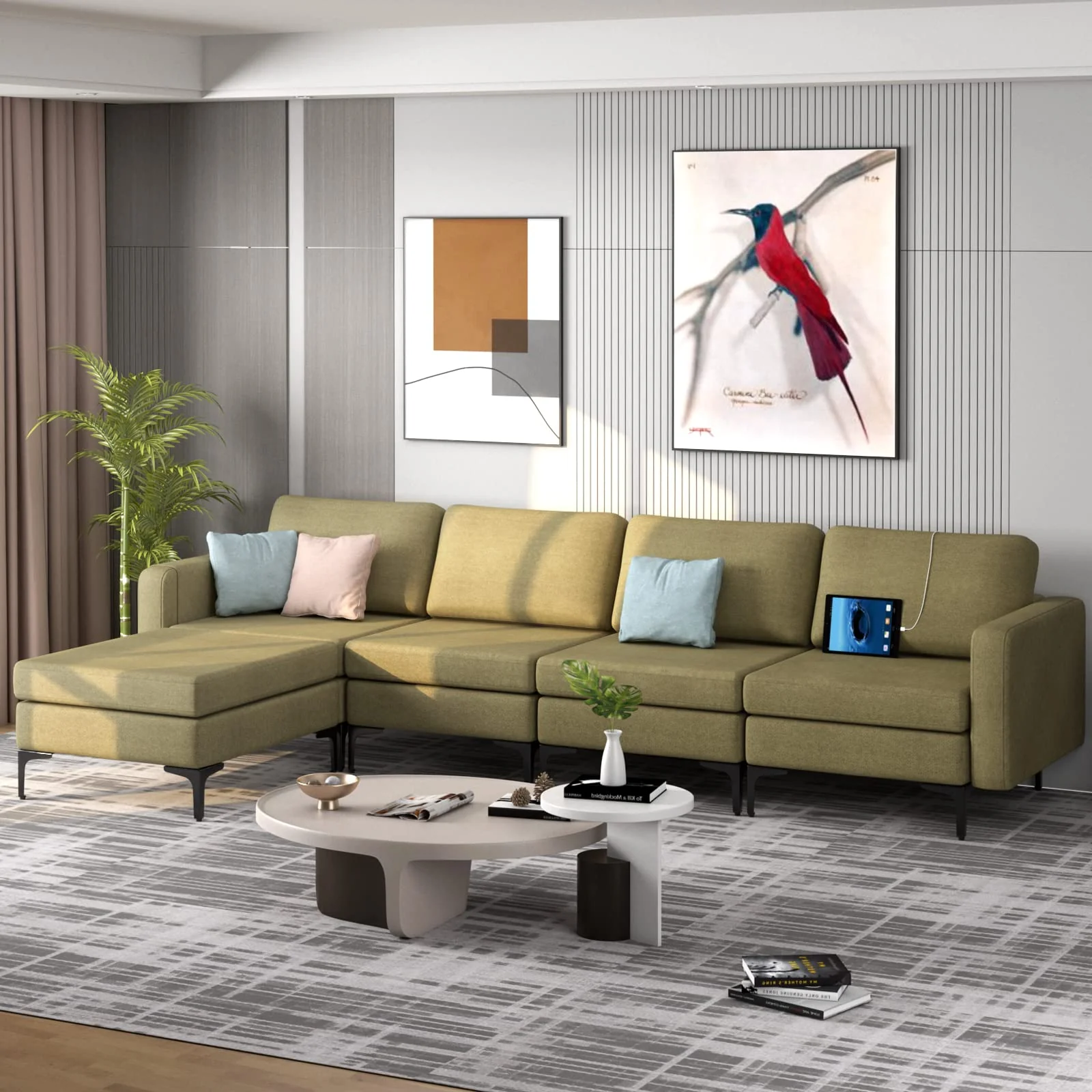 BEFOUNDLOVELY 4 Seat Convertible L-Shaped Sofa Couch, 123 Inch Sectional Sleeper with 2 USB Ports Socket