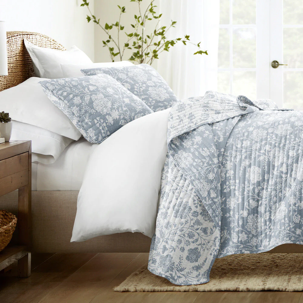Textured Floral Reversible Quilted Coverlet Set (Sale)