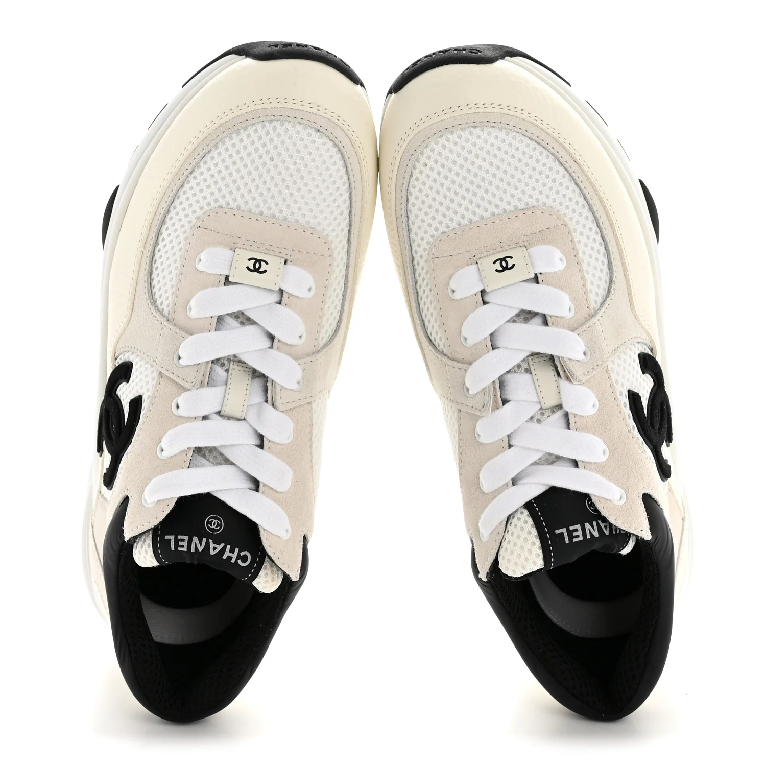 Mesh Suede Grained Calfskin Womens CC Sneakers 38.5 White Black