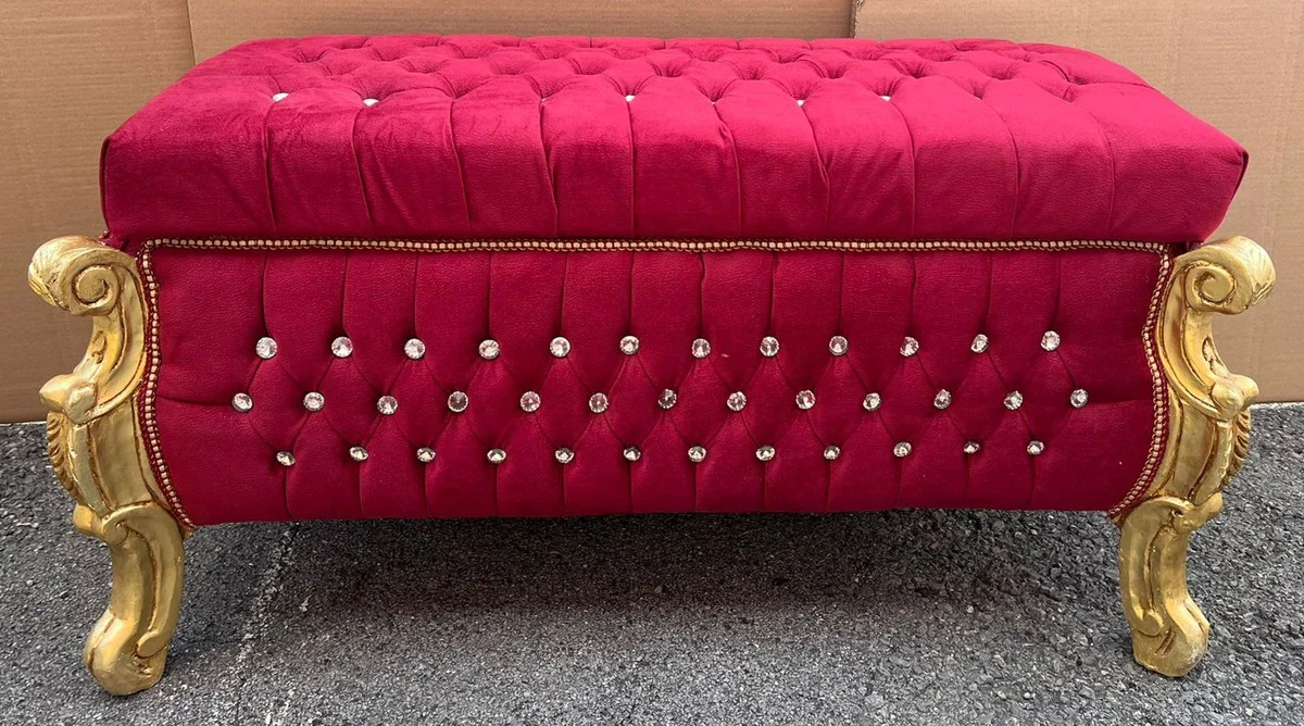 Baroque bench - chest with glittering stones Bordeaux red / gold - Baroque furniture