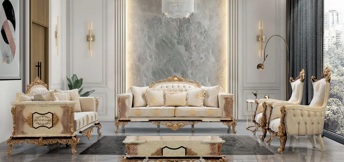 Luxury Baroque Living Room Set White / Beige / Gold - 2 Baroque Sofas & 2 Baroque Armchairs & 1 Baroque Coffee Table - Luxury Living Room Furniture in Baroque Style - Baroque Furniture - Noble & Magnificent