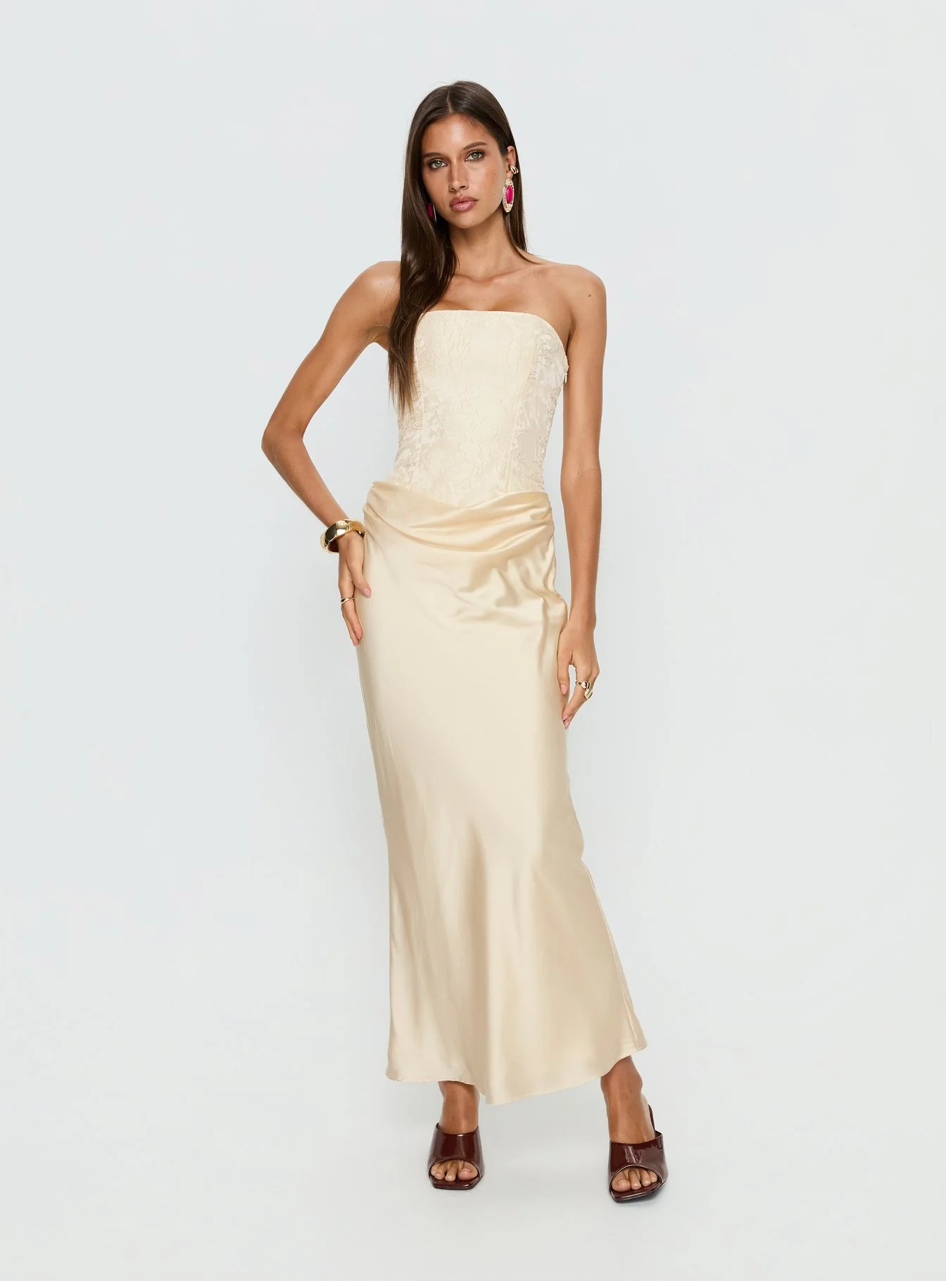 Jenevieve Strapless Drape Maxi Dress Lemon