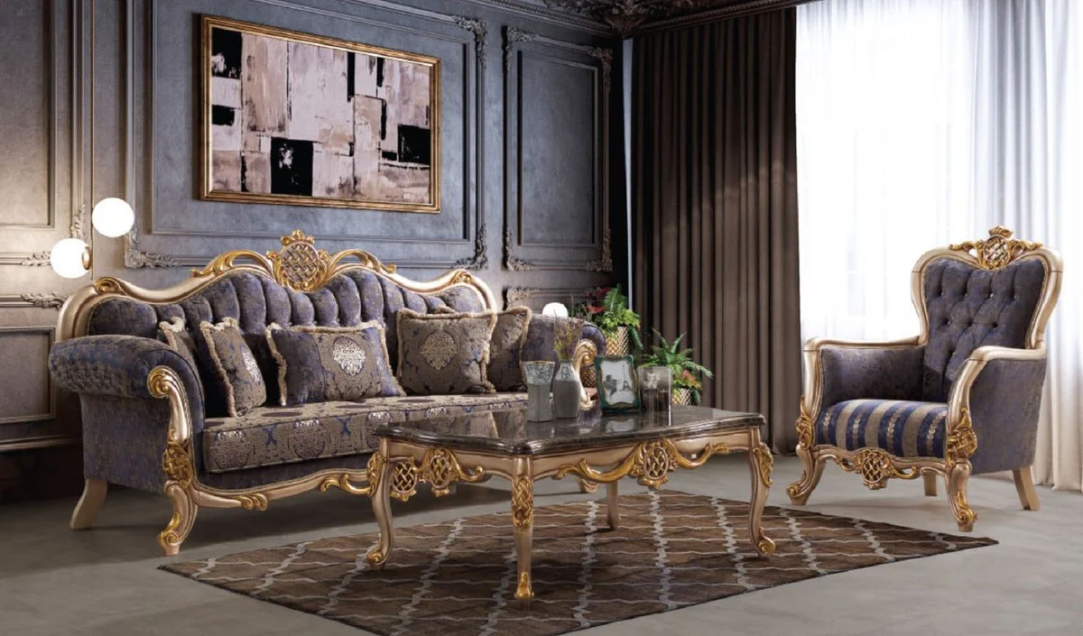 Luxury Baroque Living Room Set Blue / Silver / Gold - 2 Sofas & 2 Armchairs & 1 Coffee Table - Handcrafted Living Room Furniture in Baroque Style - Noble & Magnificent