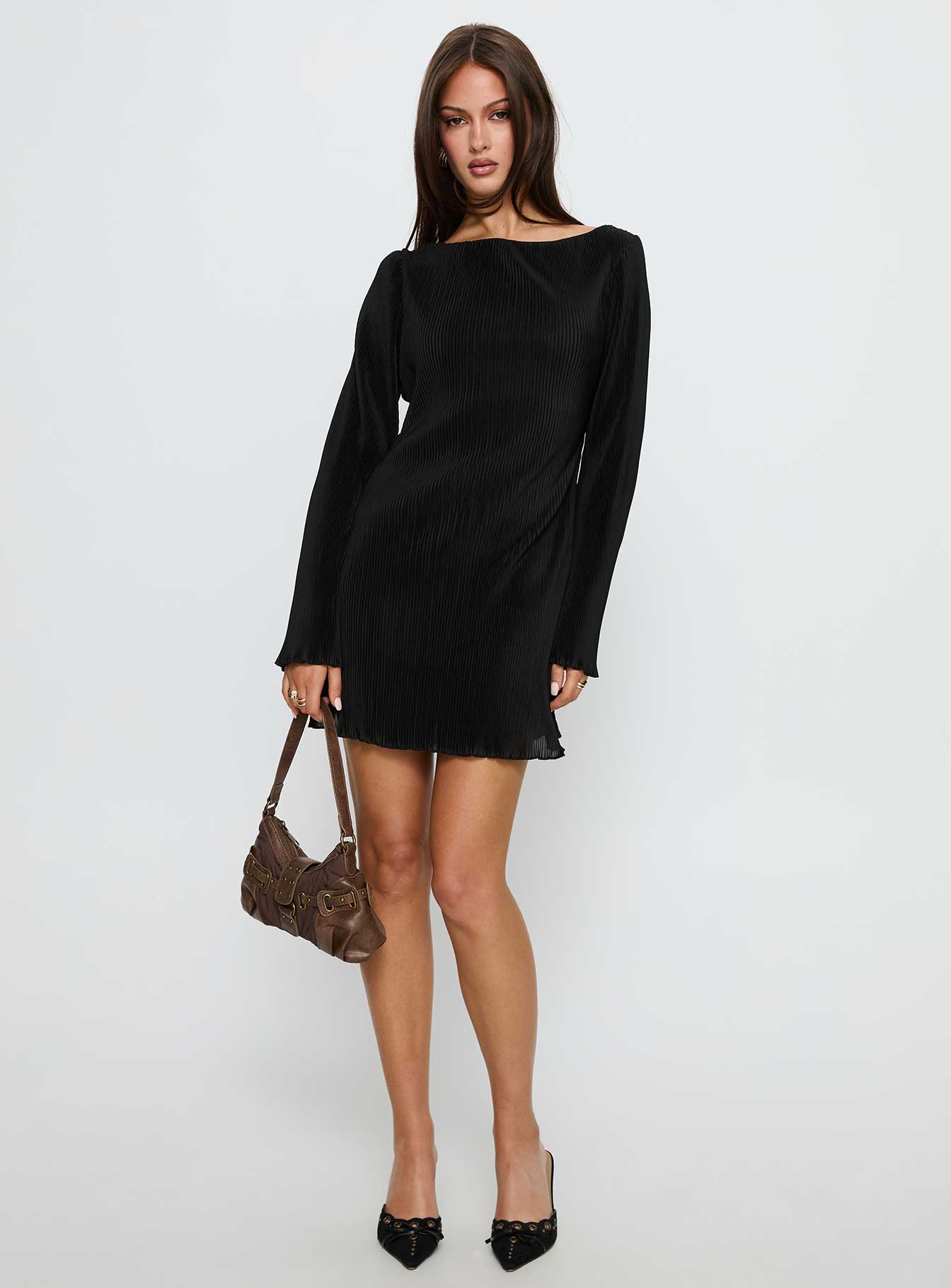 Lukea Long Sleeve Plisse Mini Dress Black