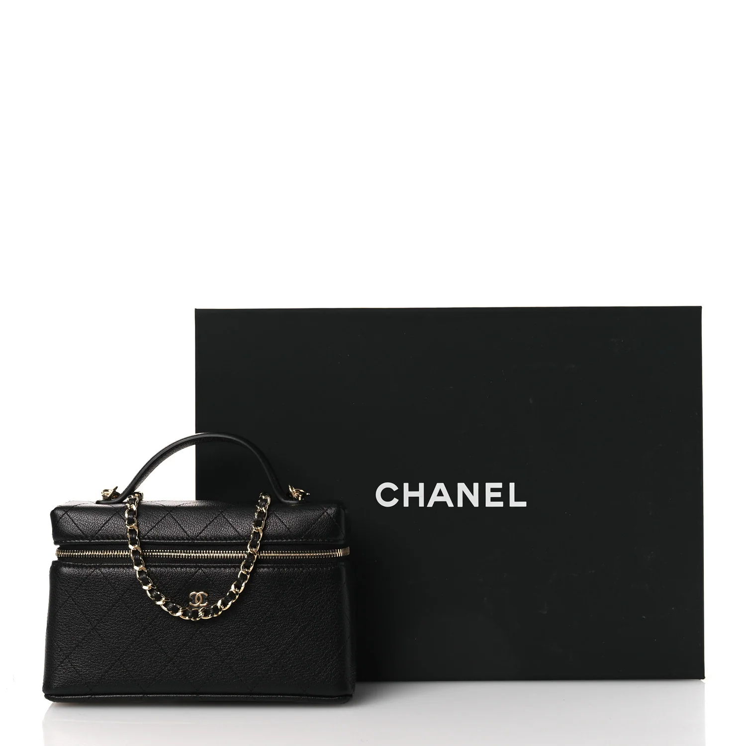 Goatskin Stitched Top Handle Slim Vanity With Chain Black - Top Club