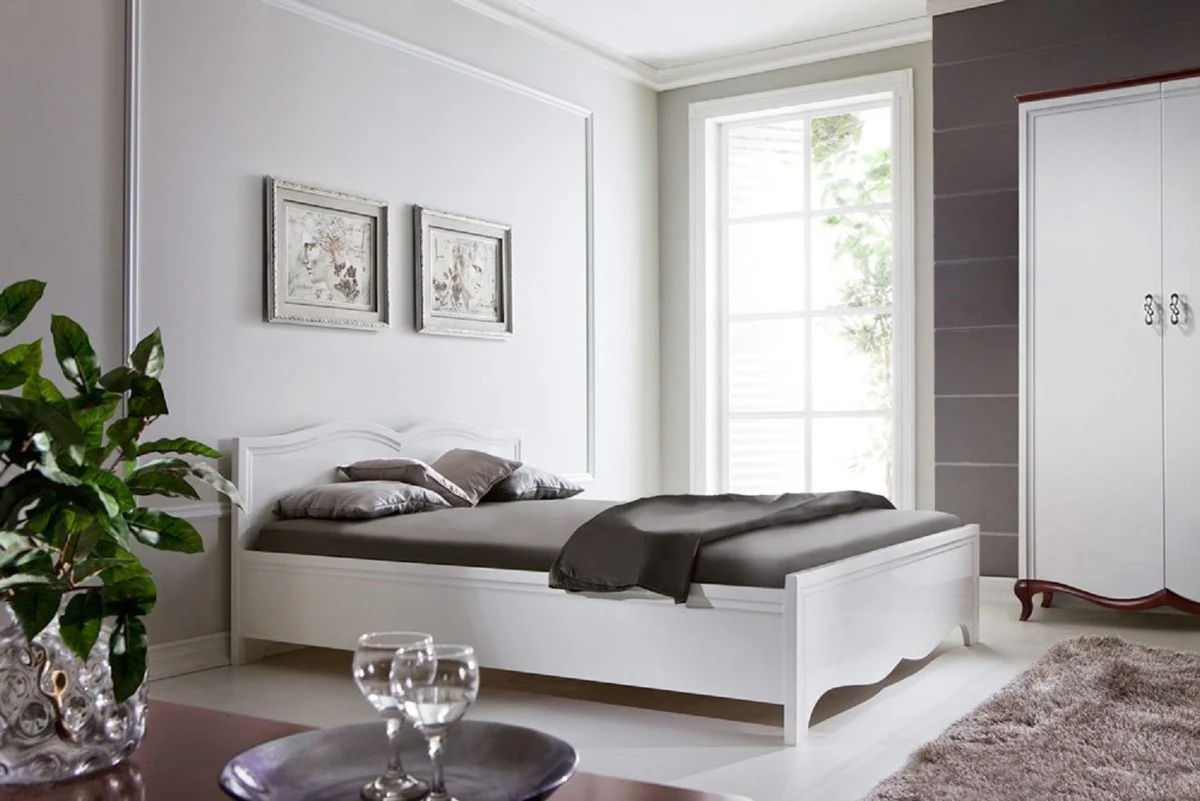 Luxury Art Nouveau double bed white 168 x 209.1 x H. 86 cm - Elegant solid wood bed - Baroque & Art Nouveau bedroom furniture