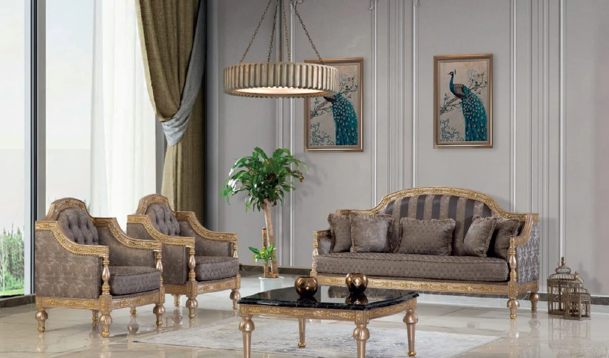 Luxury baroque coffee table black / silver / gold - magnificent solid wood living room table with table top in marble look - baroque furniture