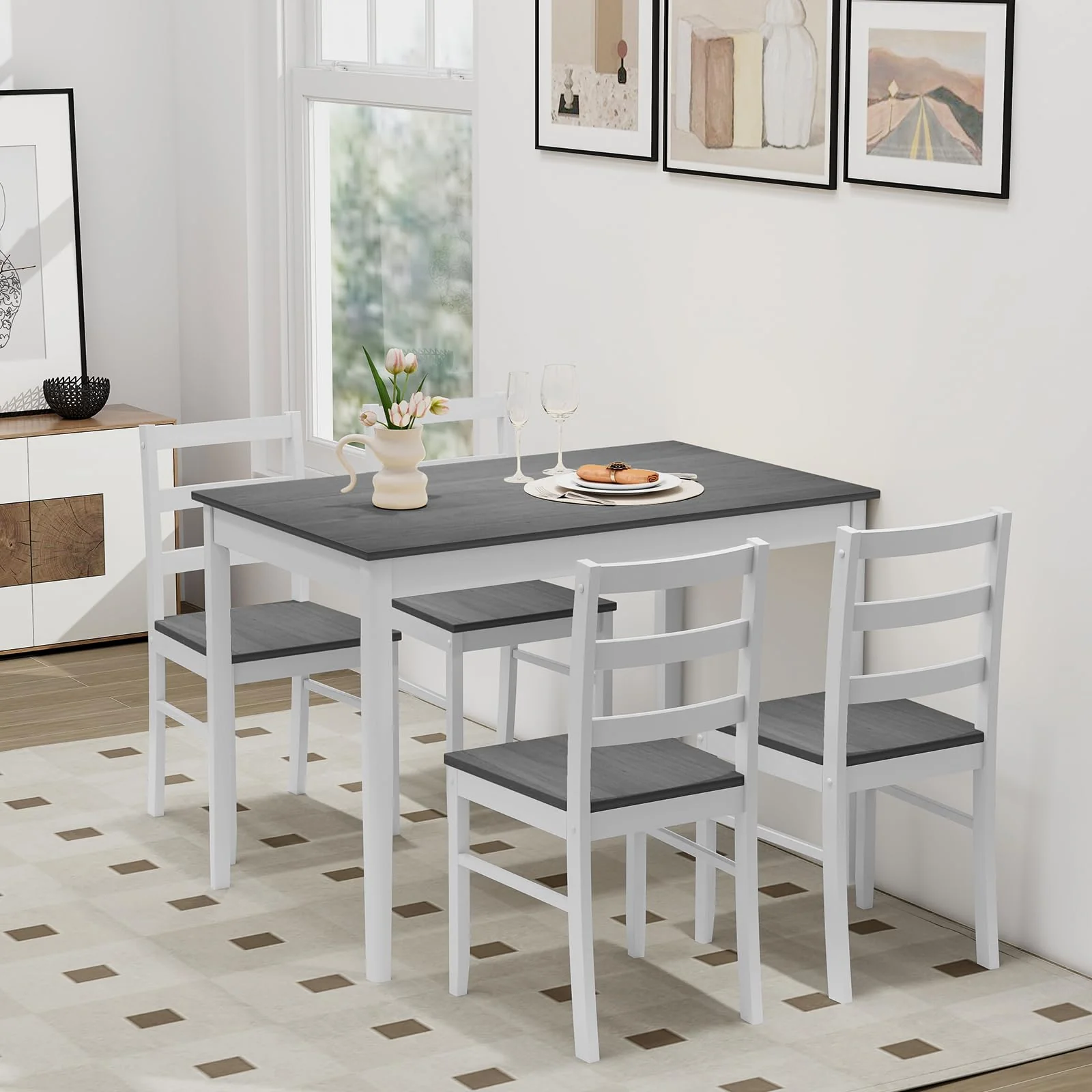 BEFOUNDLOVELY Dining Table Set for 4, Farmhouse Solid Wood Dining Set w/Rubber Wood Legs