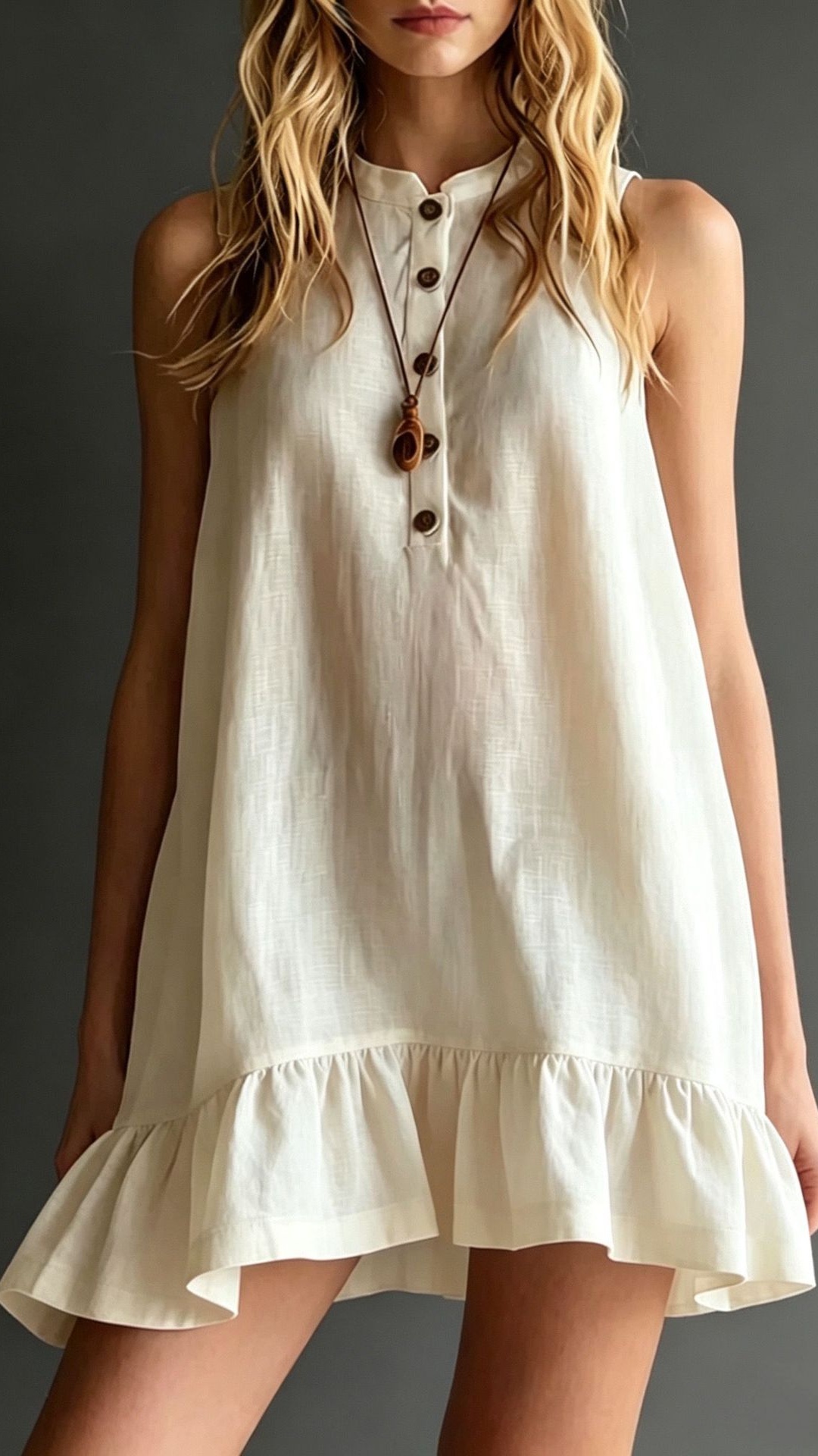 Women's Solid-Color Cotton-Linen Dress: Elegant Stand Collar, Sleeveless, with Ruffles - Nordfashionstorm - Women's Clothing, Fashion for You - Nordfashionstorm.com
