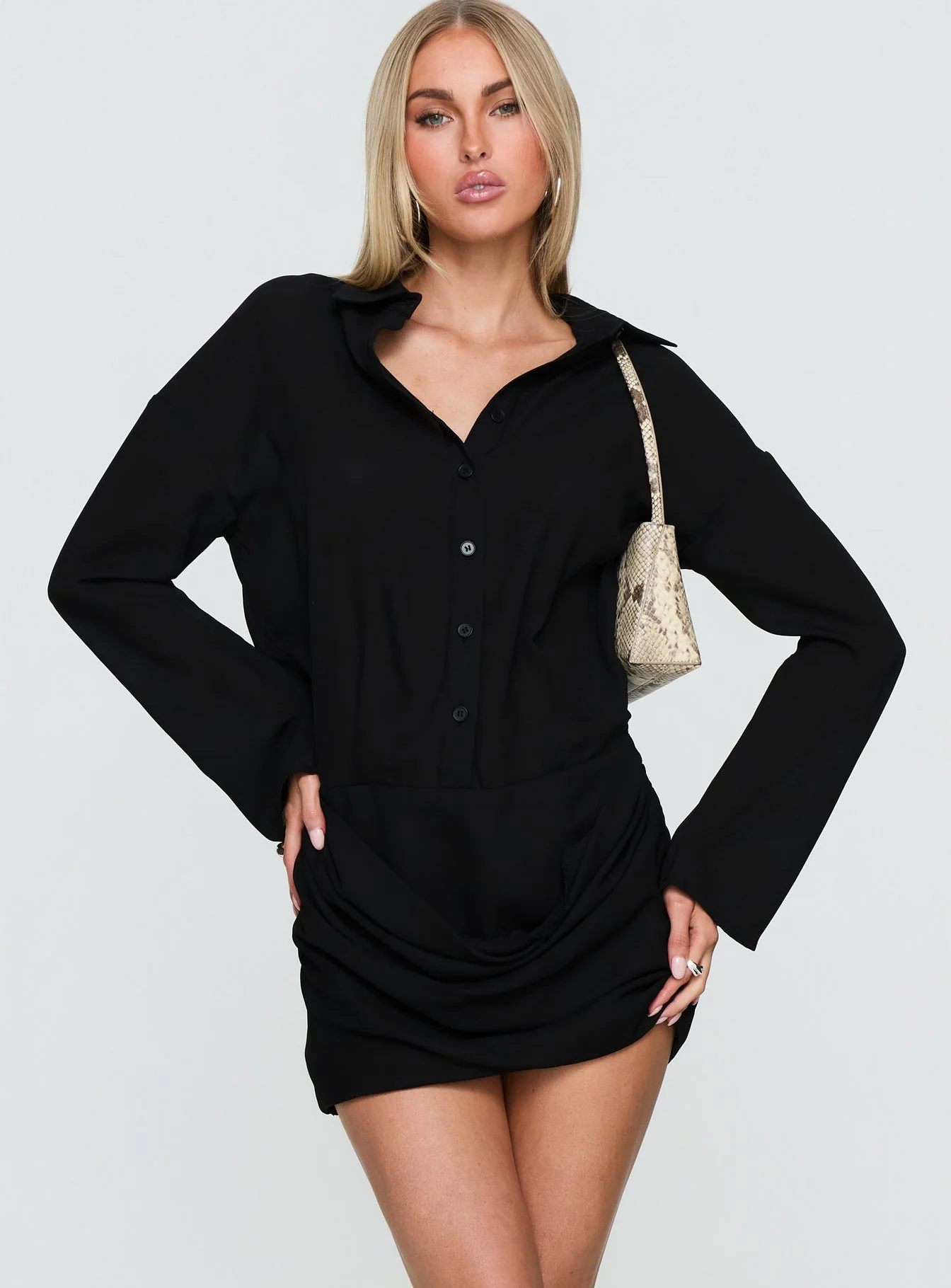 Tareno Long Sleeve Shirt Dress Black
