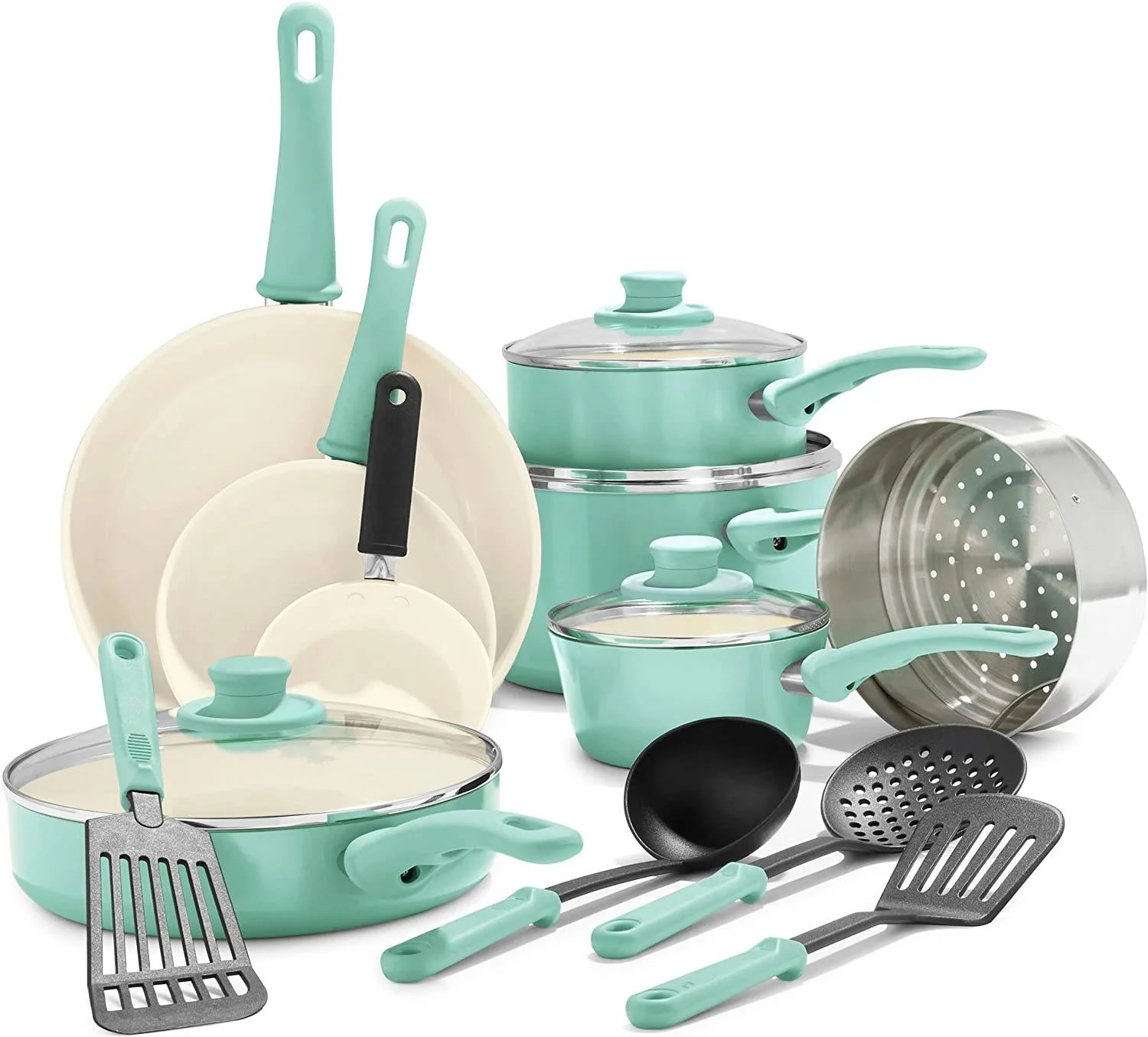 16 Piece Cookware Set with Pots and Pans Made from Healthy Non-Stick Ceramic with Soft Handle, PFAS Free, Dishwasher Safe, Turquoise