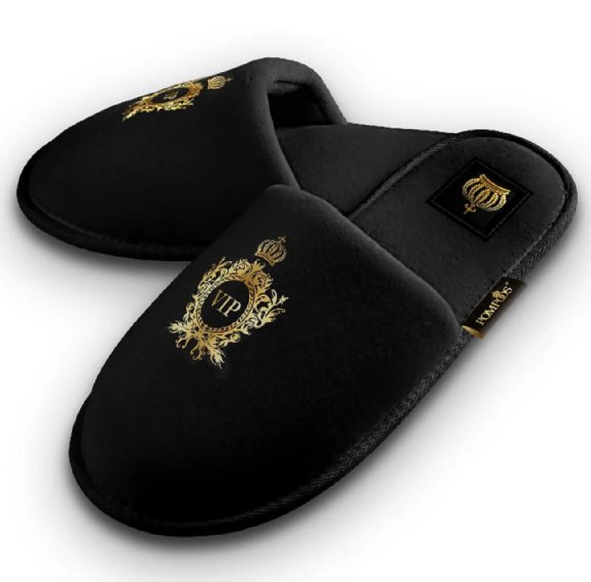 Pompöös by Luxus men's VIP hotel slippers with crown black / gold - designed by Harald Glööckler