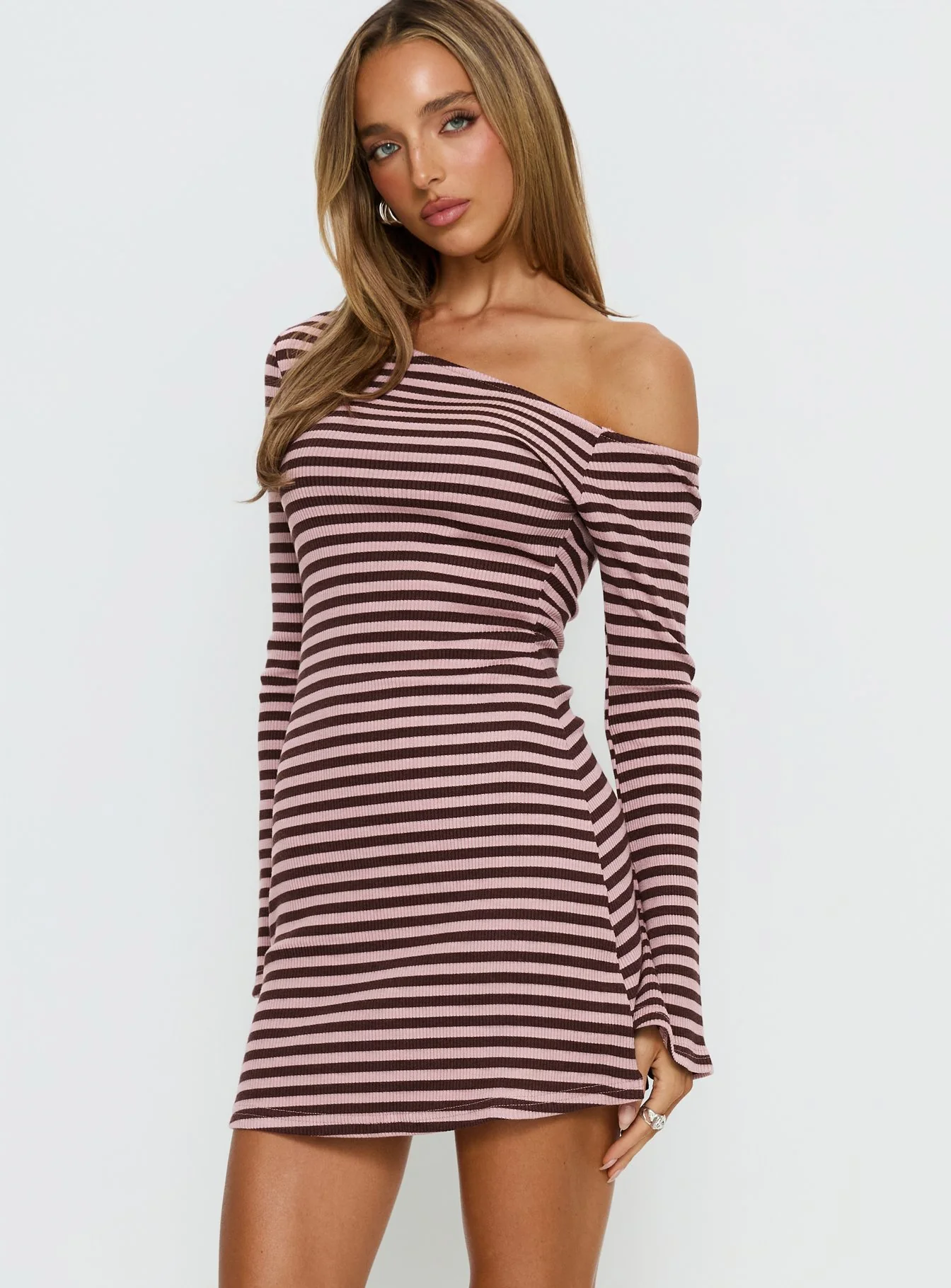 Adrietta Long Sleeve Off Shoulder Mini Dress Chocolate / Pink Stripe