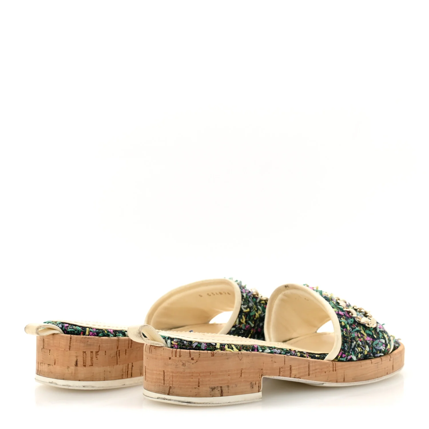 Tweed Cork CC Chain Mule Sandal 36.5 Green Multicolor - Top Club