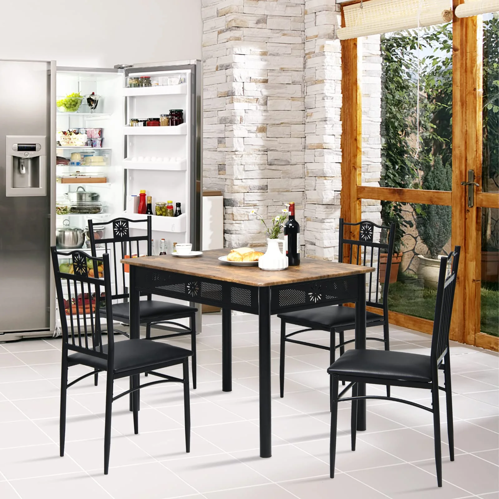 BEFOUNDLOVELY 5 Piece Dining Table and Chairs Set, Vintage Retro Wood Top Metal Frame Padded Seat