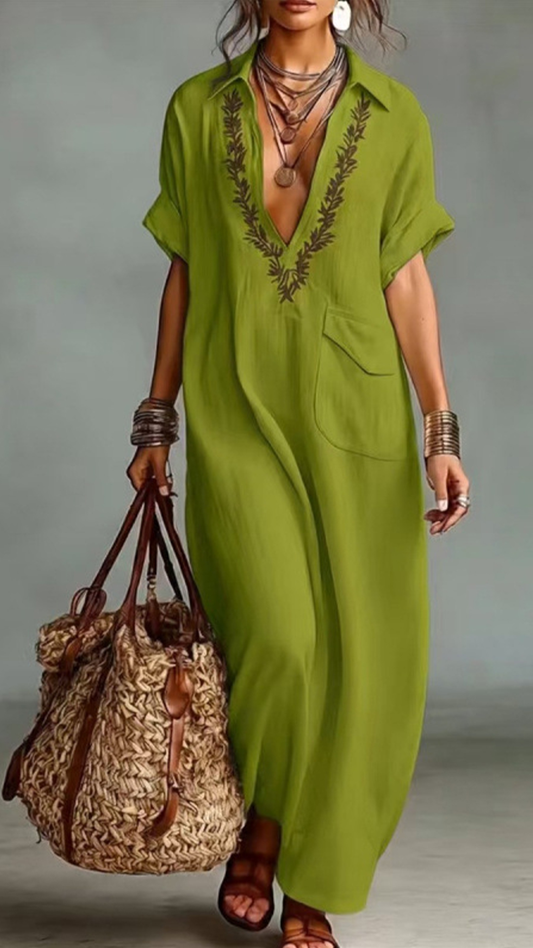 Embroidered V-Neck Loose Cotton Linen Shirt Maxi Dress - Nordfashionstorm - Women's Clothing, Fashion for You - Nordfashionstorm.com