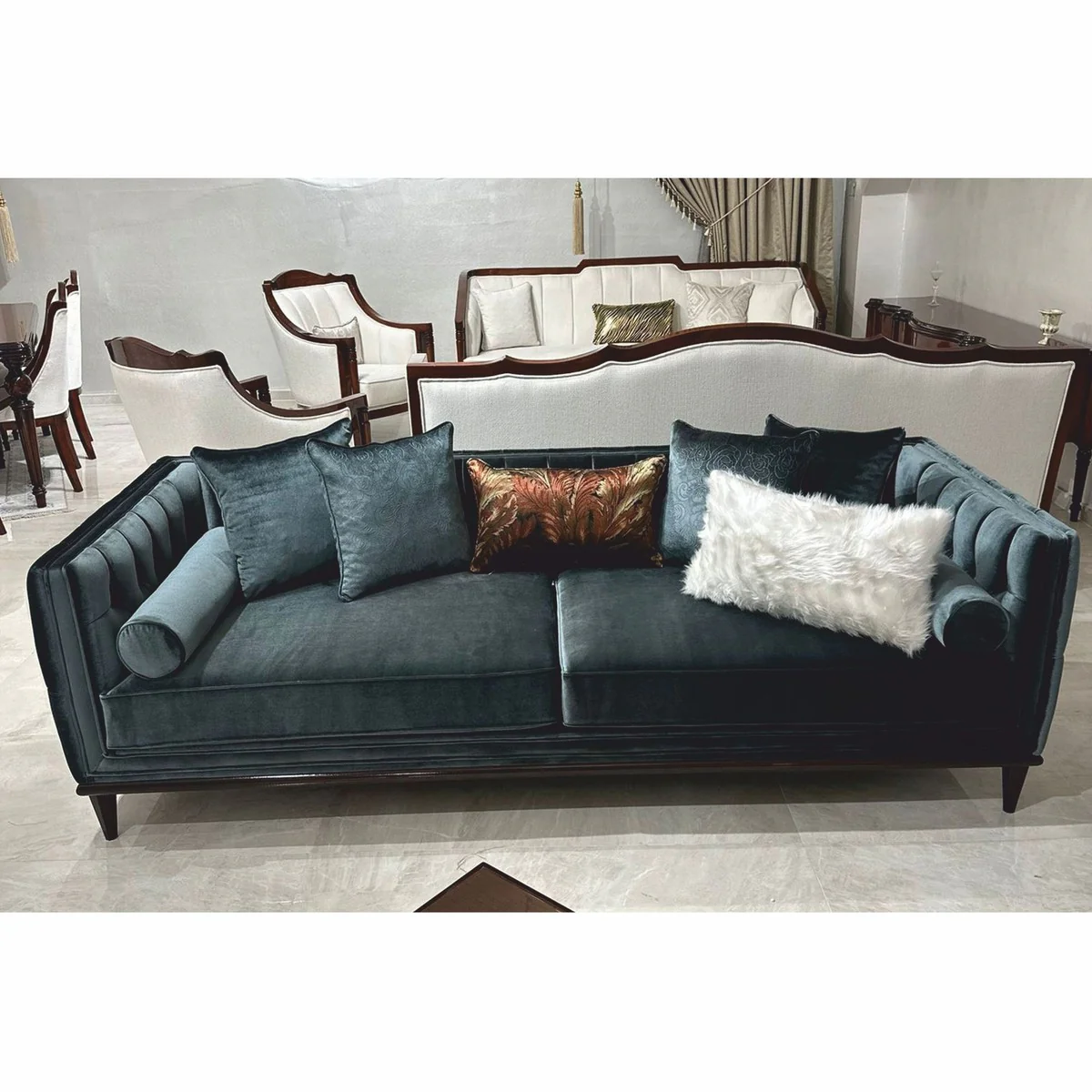 Luxury Art Deco Velvet Sofa Dark Green / Dark Brown 235 cm - Living Room Furniture