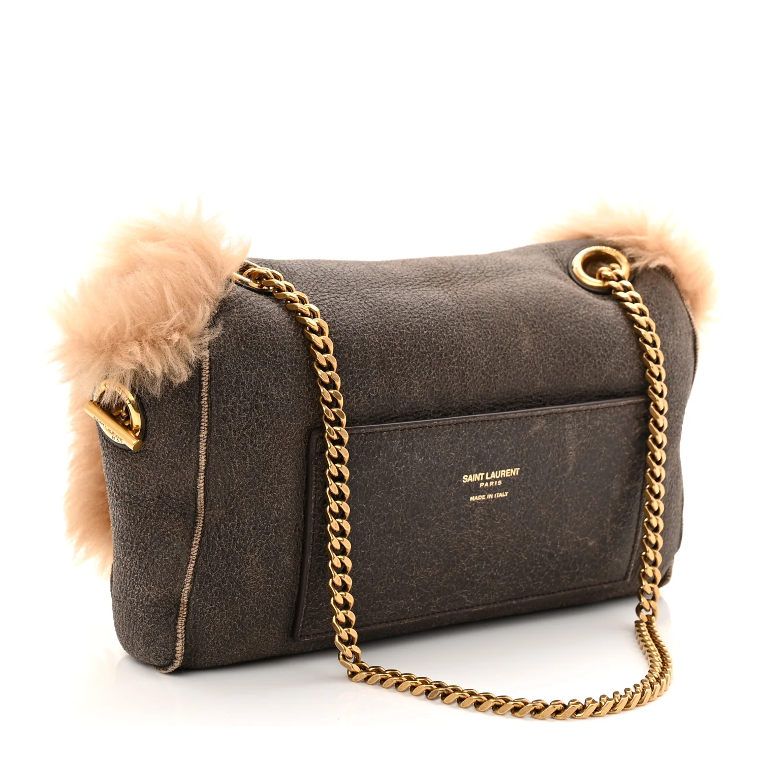 Shearling Calfskin Small Reversible Monogram Kate Satchel Ecru Dark Brown - Top Club