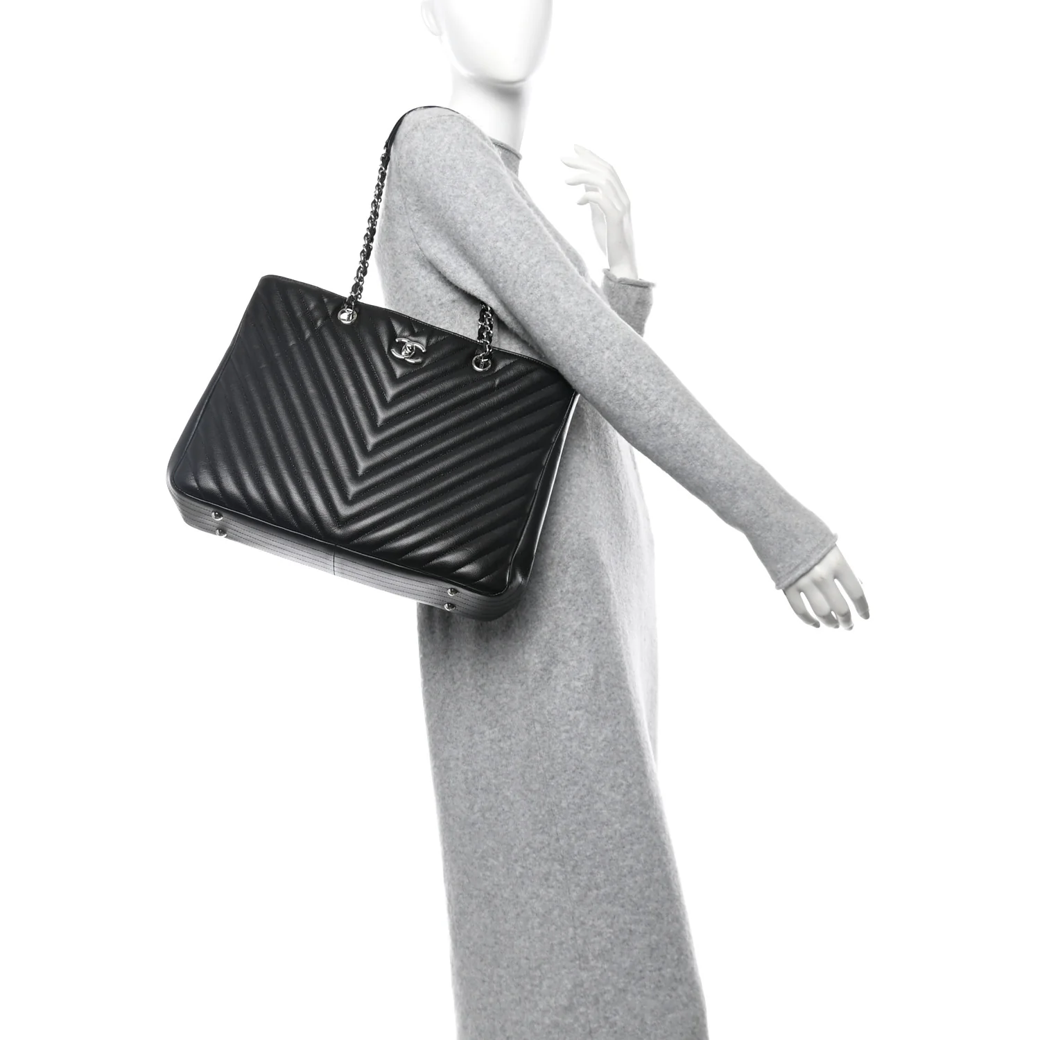 Caviar Chevron Quilted Large Shopping Tote Tote Black