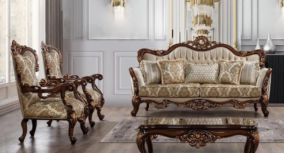 Luxury Baroque Living Room Set Beige / Brown / Copper - 2 Baroque Sofas with Pattern & 2 Baroque Armchairs with Pattern & 1 Baroque Coffee Table - Baroque Living Room Furniture