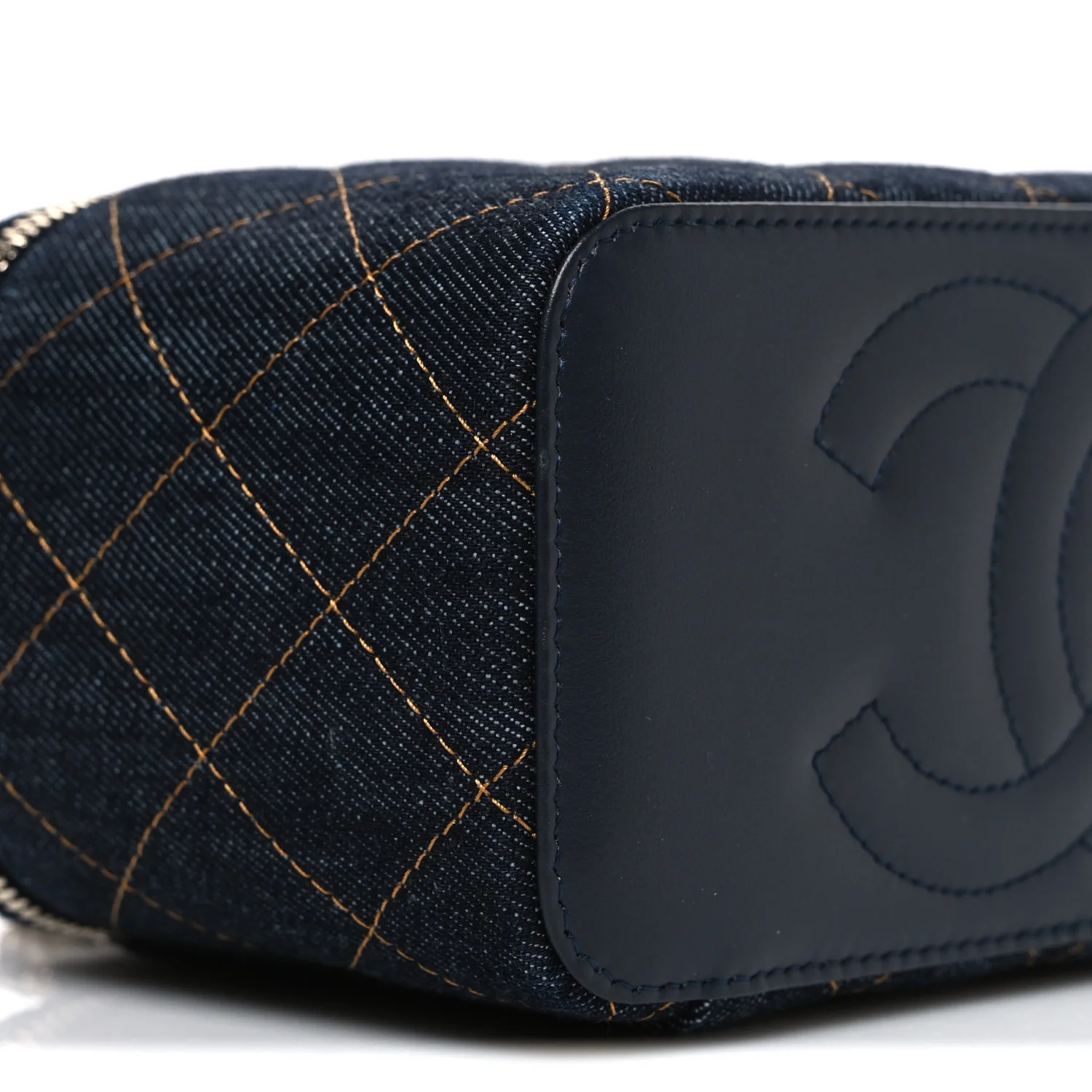 Denim Quilted Vanity Case With Chain Dark Blue Orange - Top Club