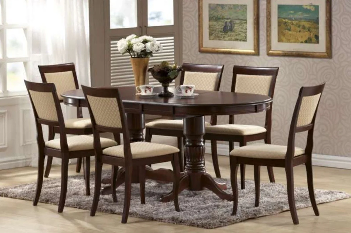 Art Nouveau dining table dark brown 150-185 x 90 x H. 75 cm - Oval extendable solid wood kitchen table - Dining room furniture