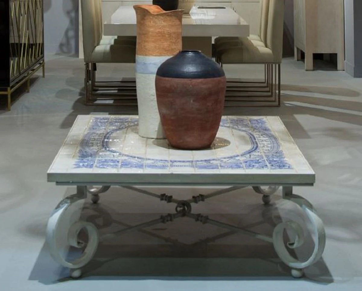 Luxury baroque coffee table cream / blue / white 136 x 106 x H. 42 cm - garden table with ceramic tiles table top and wrought iron table legs - baroque living room & garden furniture