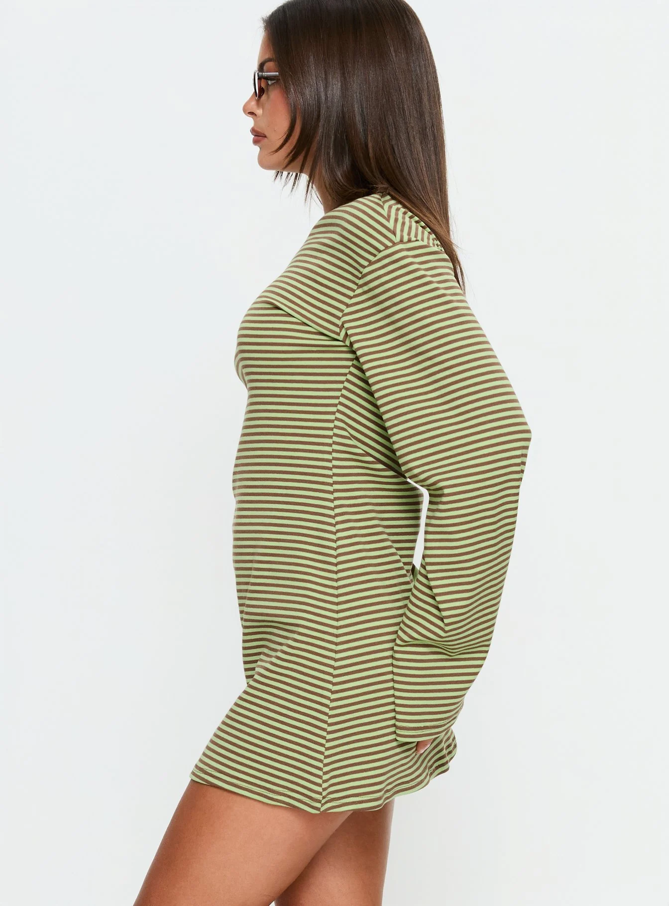 Lulolah Long Sleeve Mini Dress Green / Chocolate Stripe