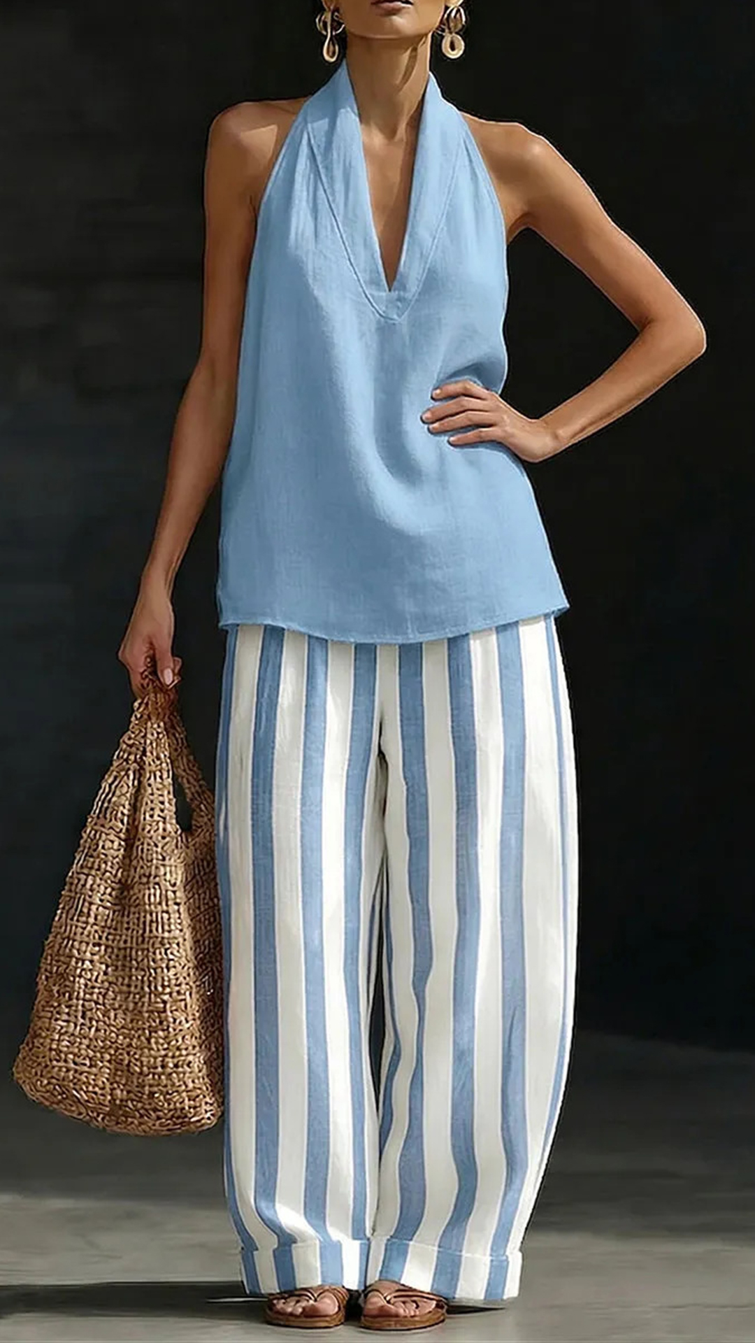 Women's Cotton Linen Halter Stripe Wide-Leg Set - Nordfashionstorm - Women's Clothing, Fashion for You - Nordfashionstorm.com