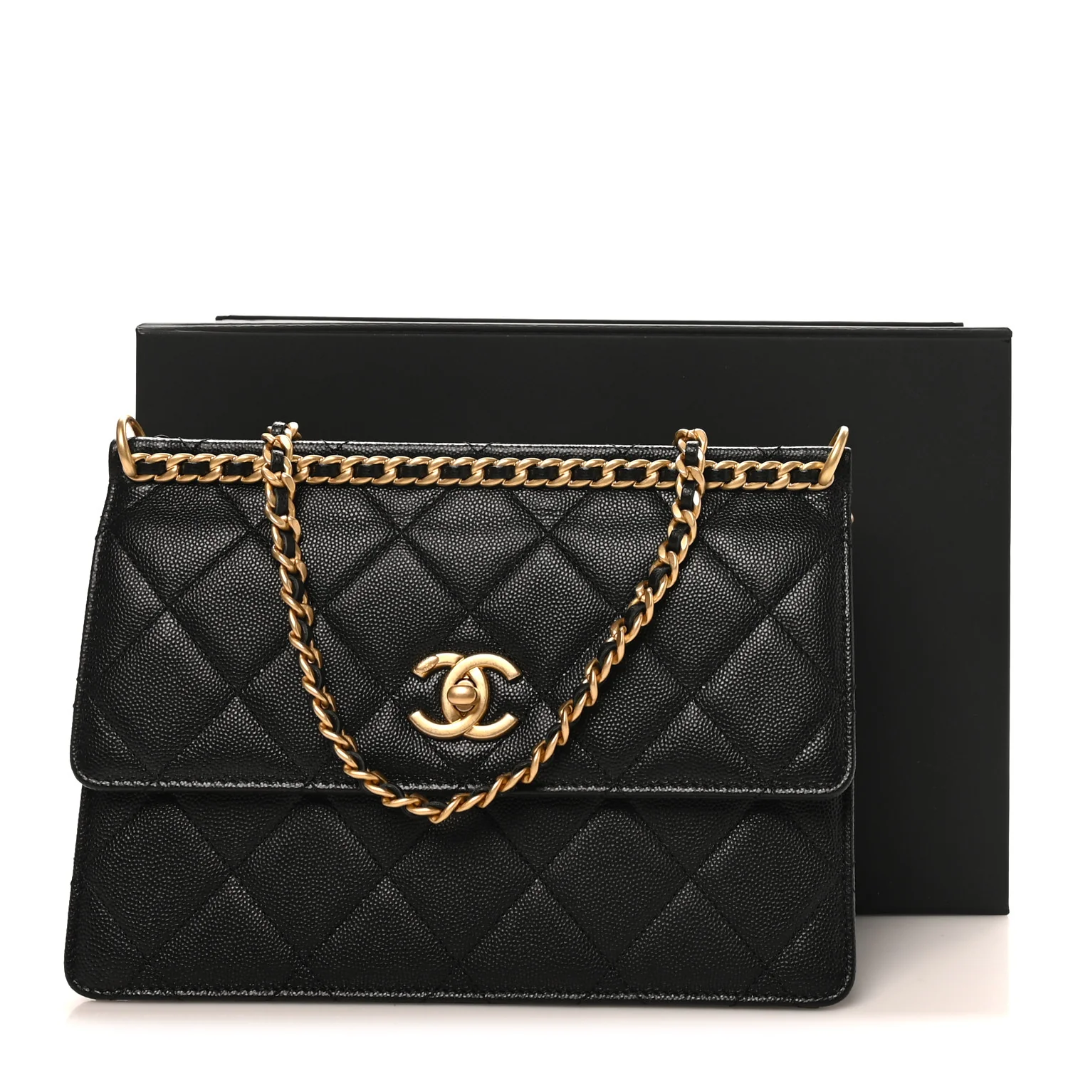 Caviar Quilted Chain Frame Flap Black - Top Club