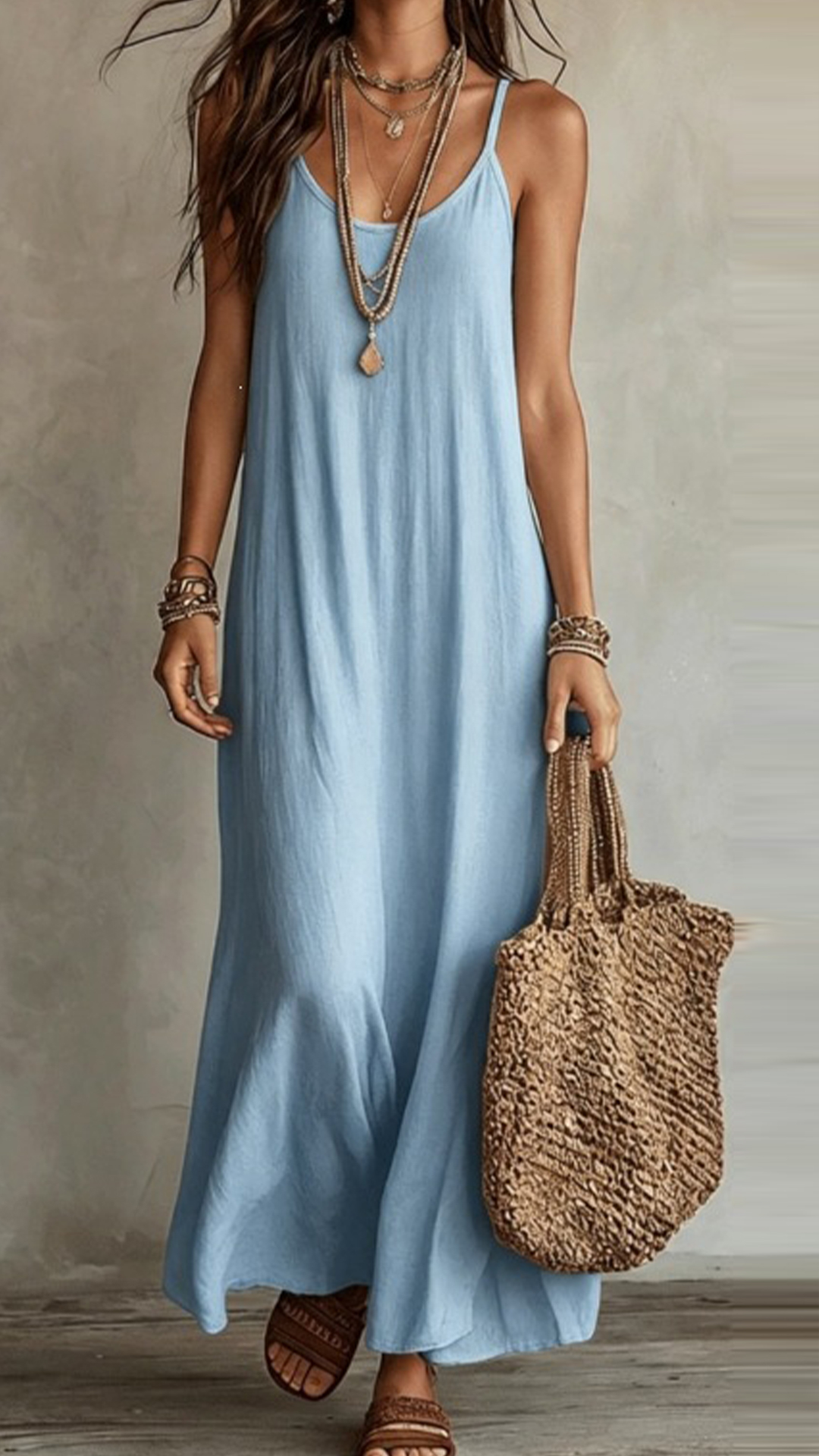 Women's Cotton‑blend Thin‑Strap U‑Neck Loose Maxi Dress - Nordfashionstorm - Women's Clothing, Fashion for You - Nordfashionstorm.com