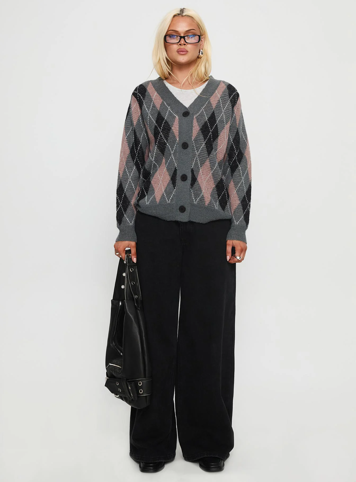 Zeeva Button Through Knit Cardigan Grey Argyle