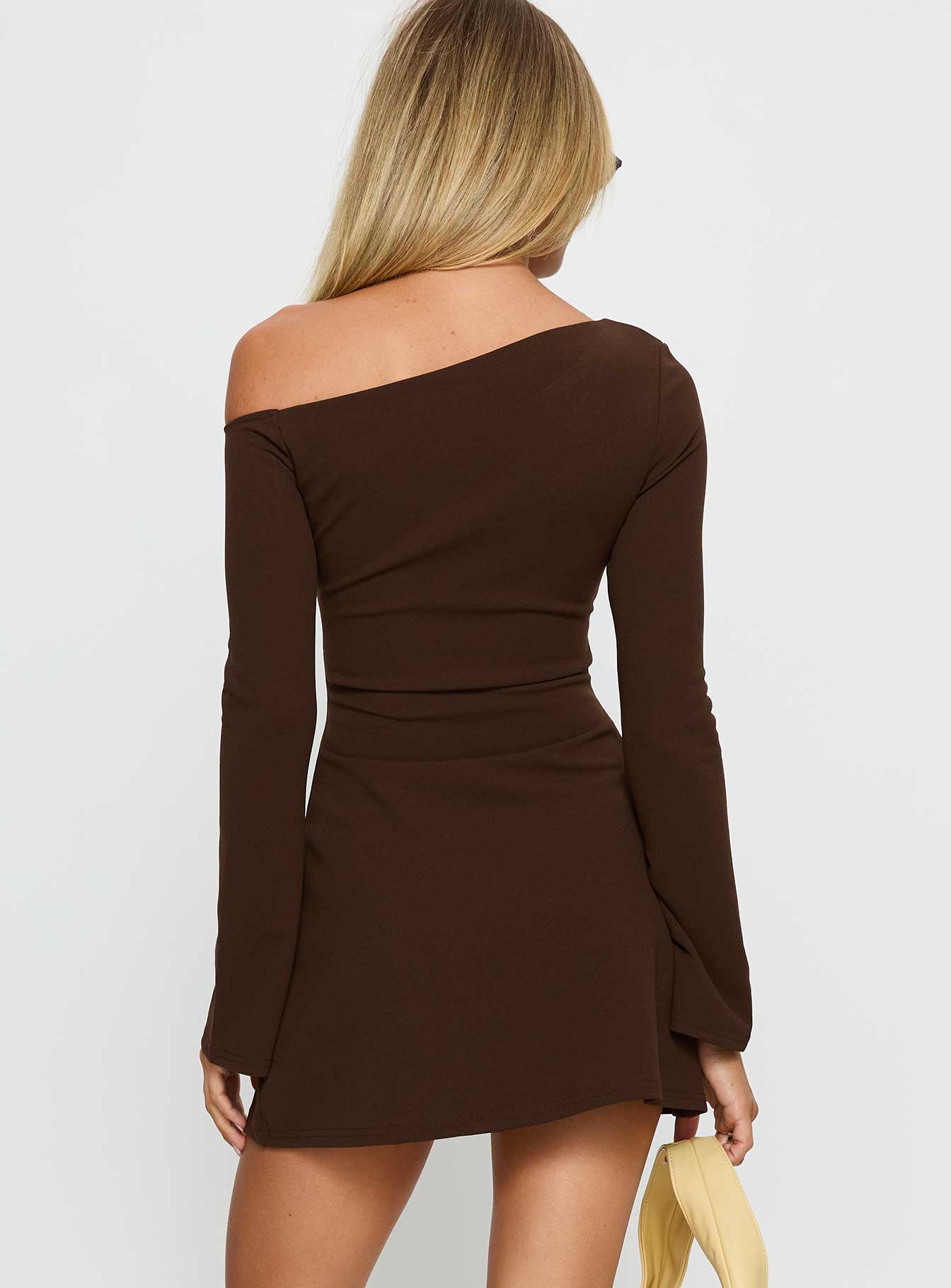 Adrietta Long Sleeve Off Shoulder Mini Dress Brown