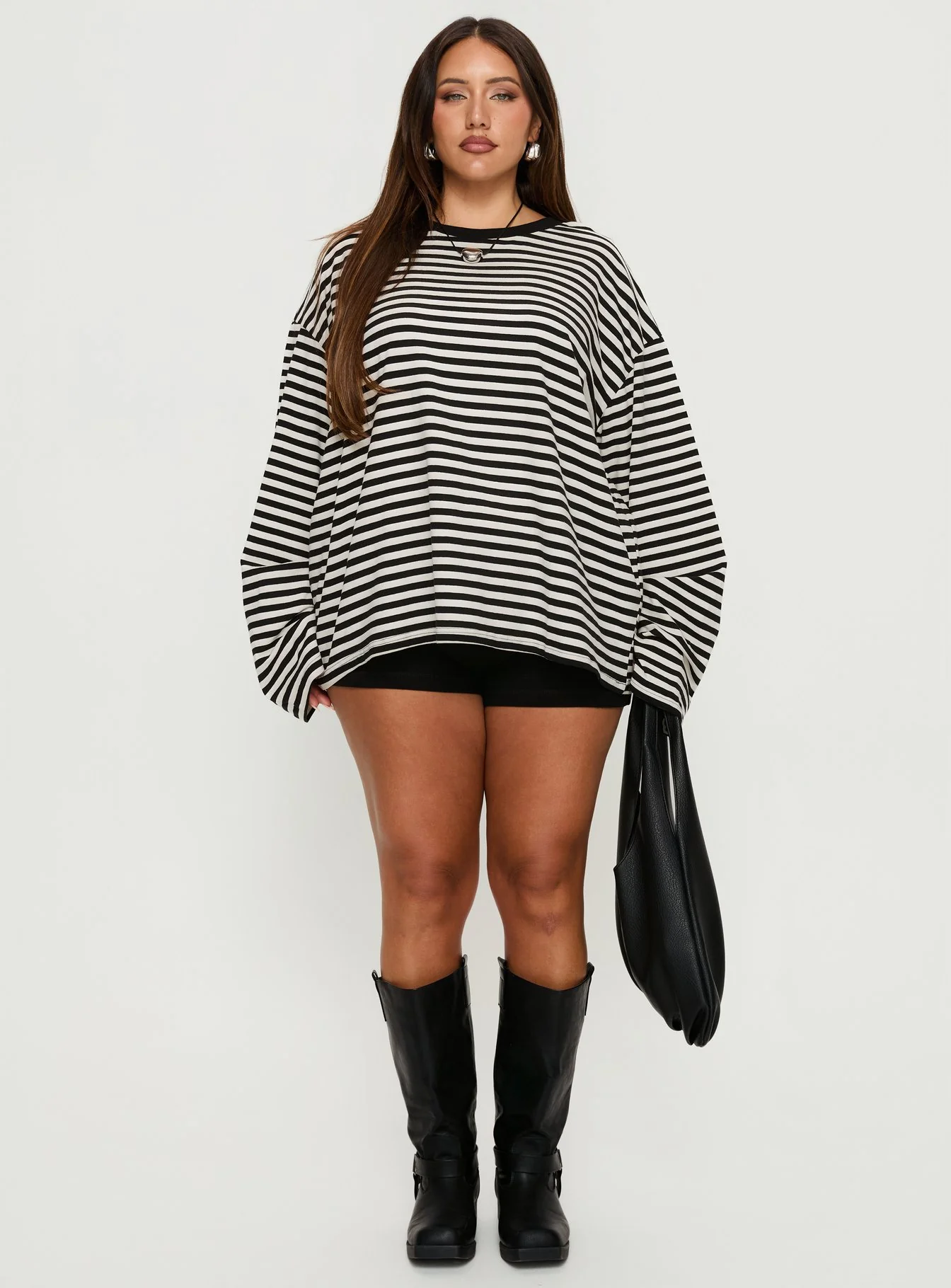 Settle Down Long Sleeve Top Black / White Stripe Curve
