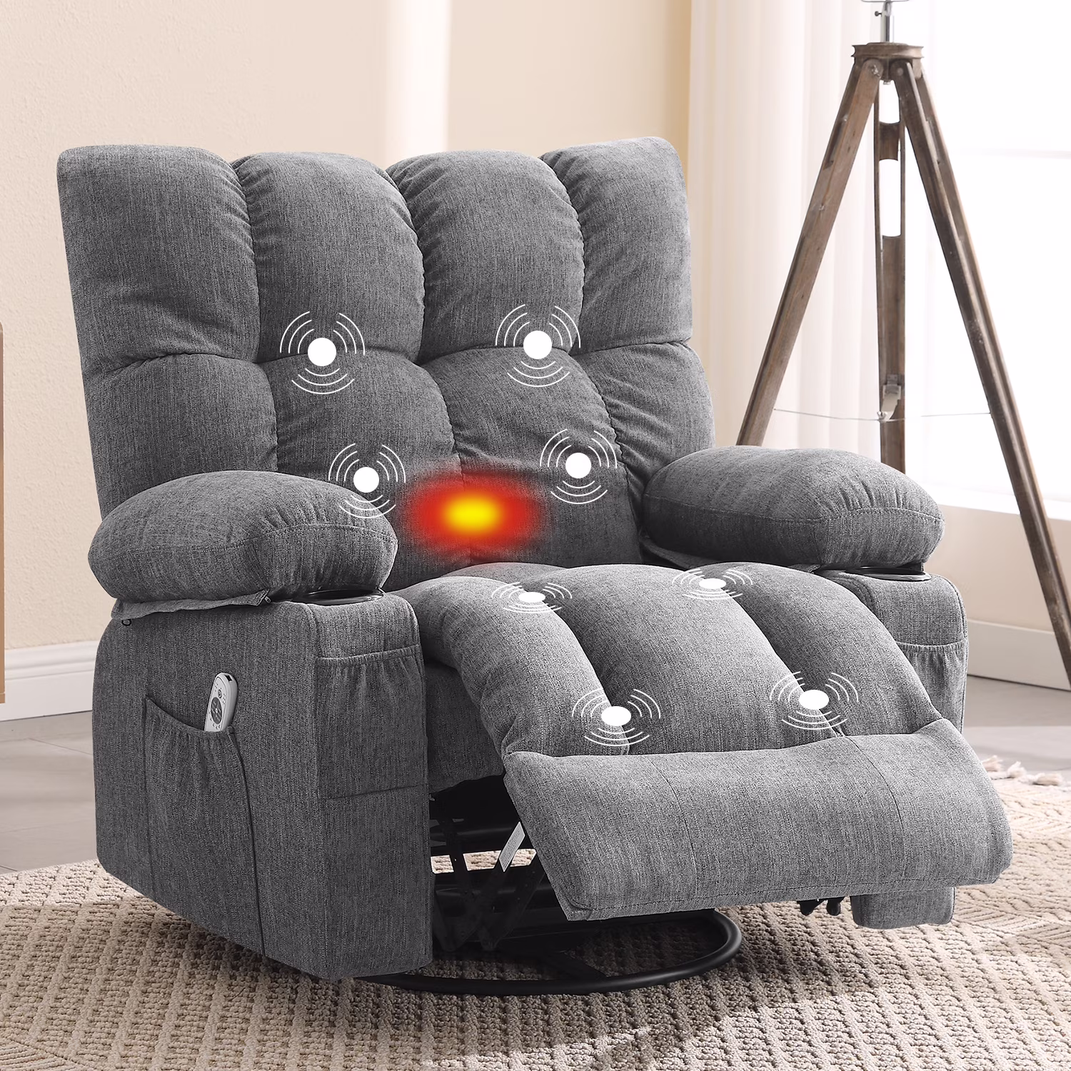 JONPONY Manual Recliner Chair with Heat Therapy and Massage Function, Heavy Duty Reclining Mechanism Massage Chair, Elderly Single Rocker Sofa with Cup Holders for Bedroom Home Theater, Grey