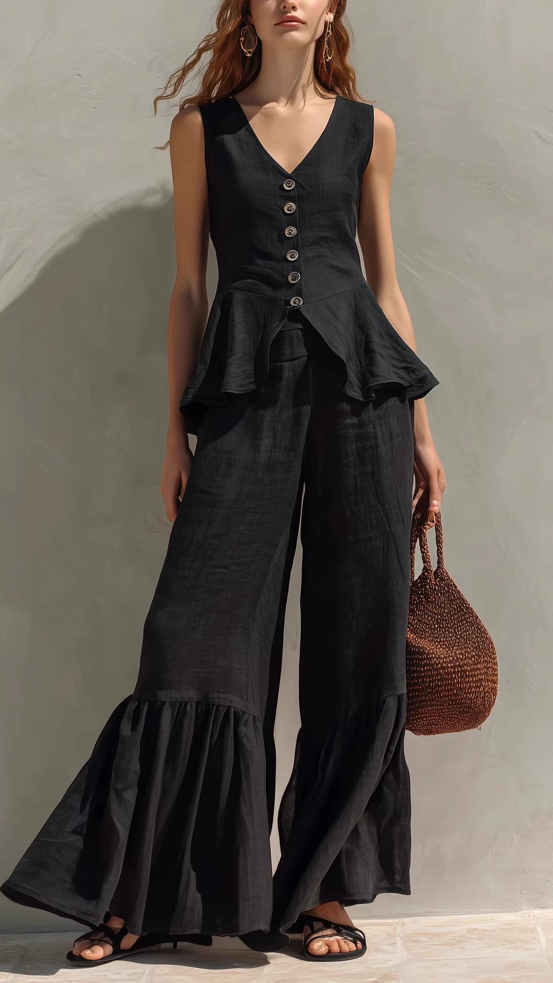 Women's V-Neck Button-Front Top & Linen Ruffled Wide-Leg Pants - Nordfashionstorm - Women's Clothing, Fashion for You - Nordfashionstorm.com