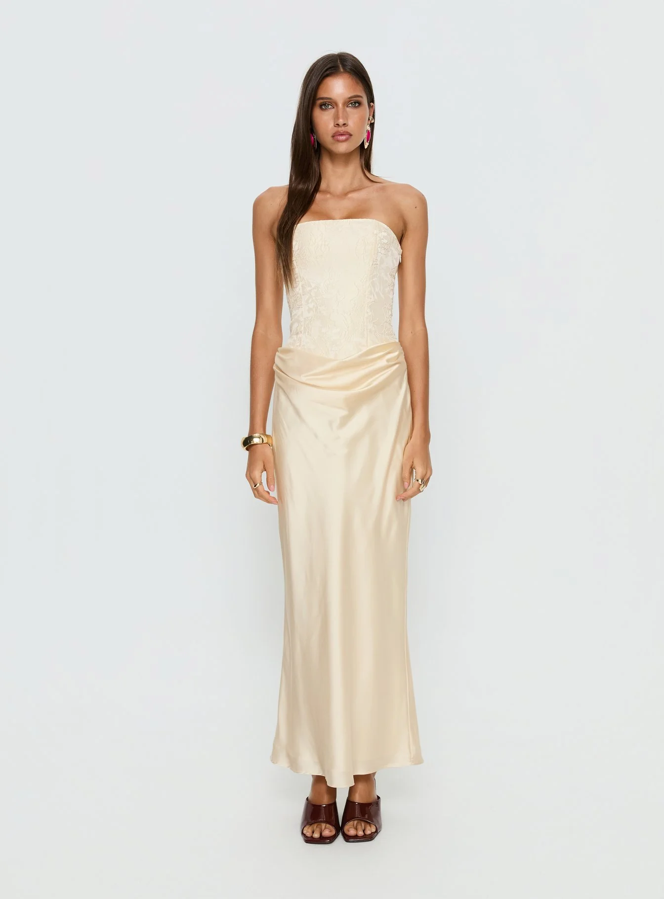 Jenevieve Strapless Drape Maxi Dress Lemon