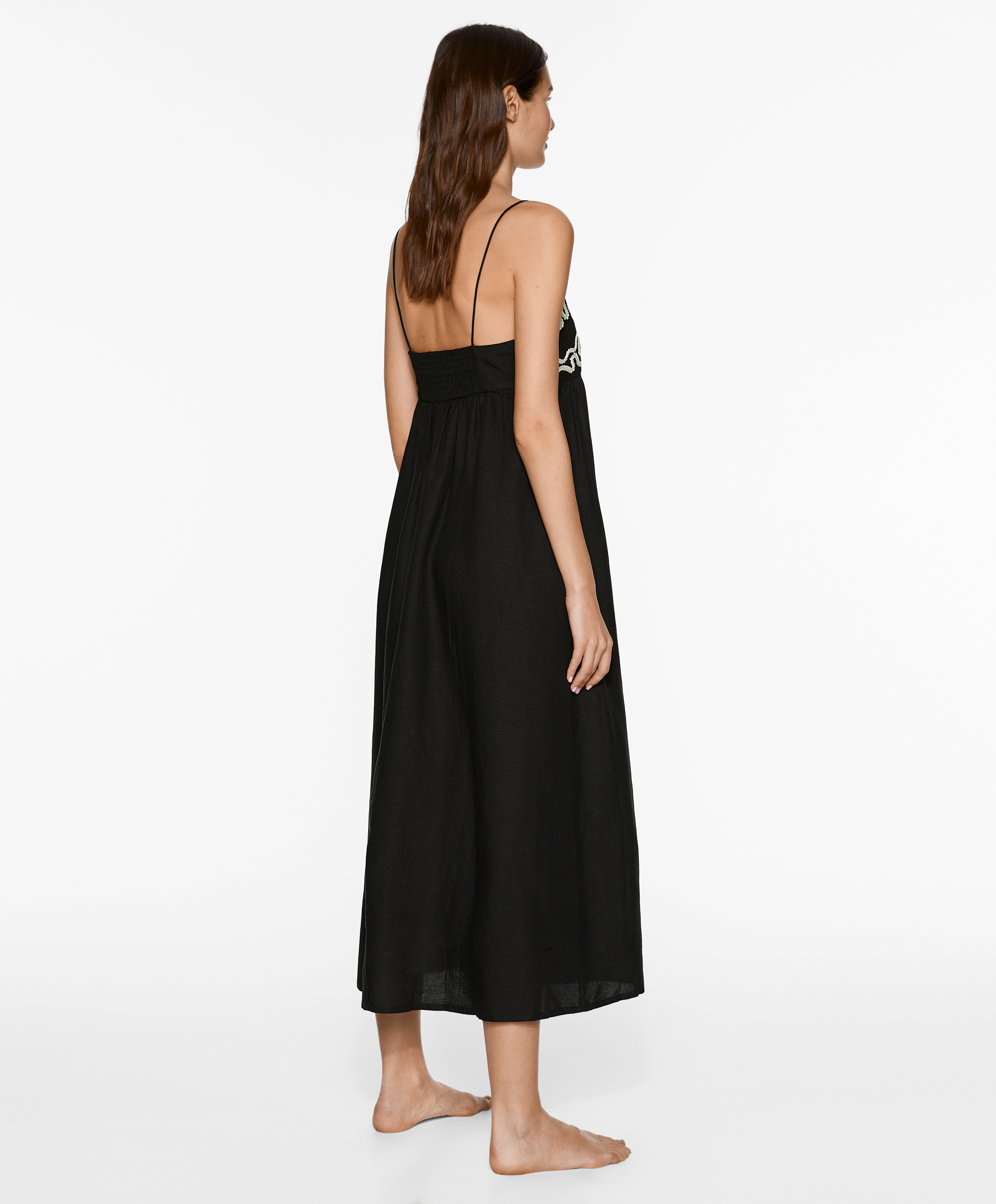 OYSHO Long embroidered strappy dress with linen
