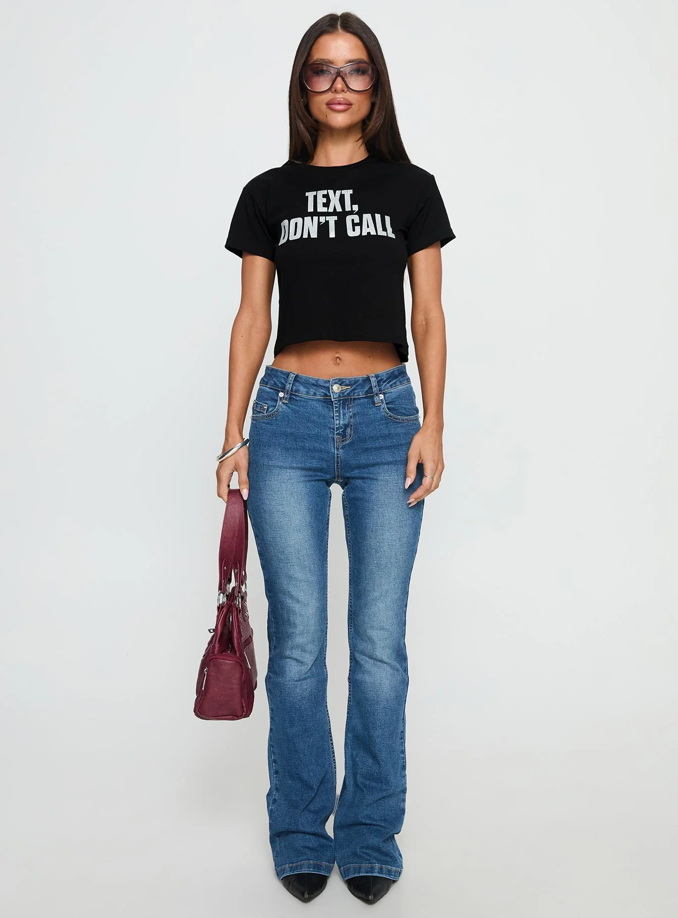 Text, Don't Call Shimmer Graphic Top Black