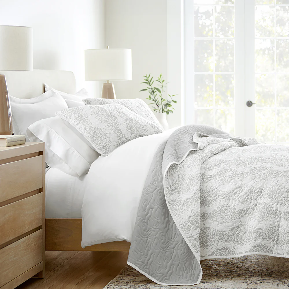 Distressed Damask Reversible Quilted Coverlet Set - Sale