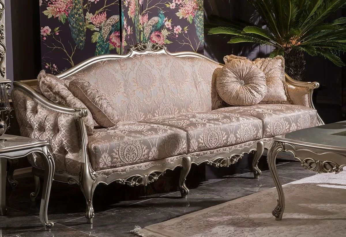 Luxury baroque living room sofa pink / silver 245 x 83 x H. 104 cm - solid wood sofa with elegant pattern and decorative pillows - living room furniture in baroque style