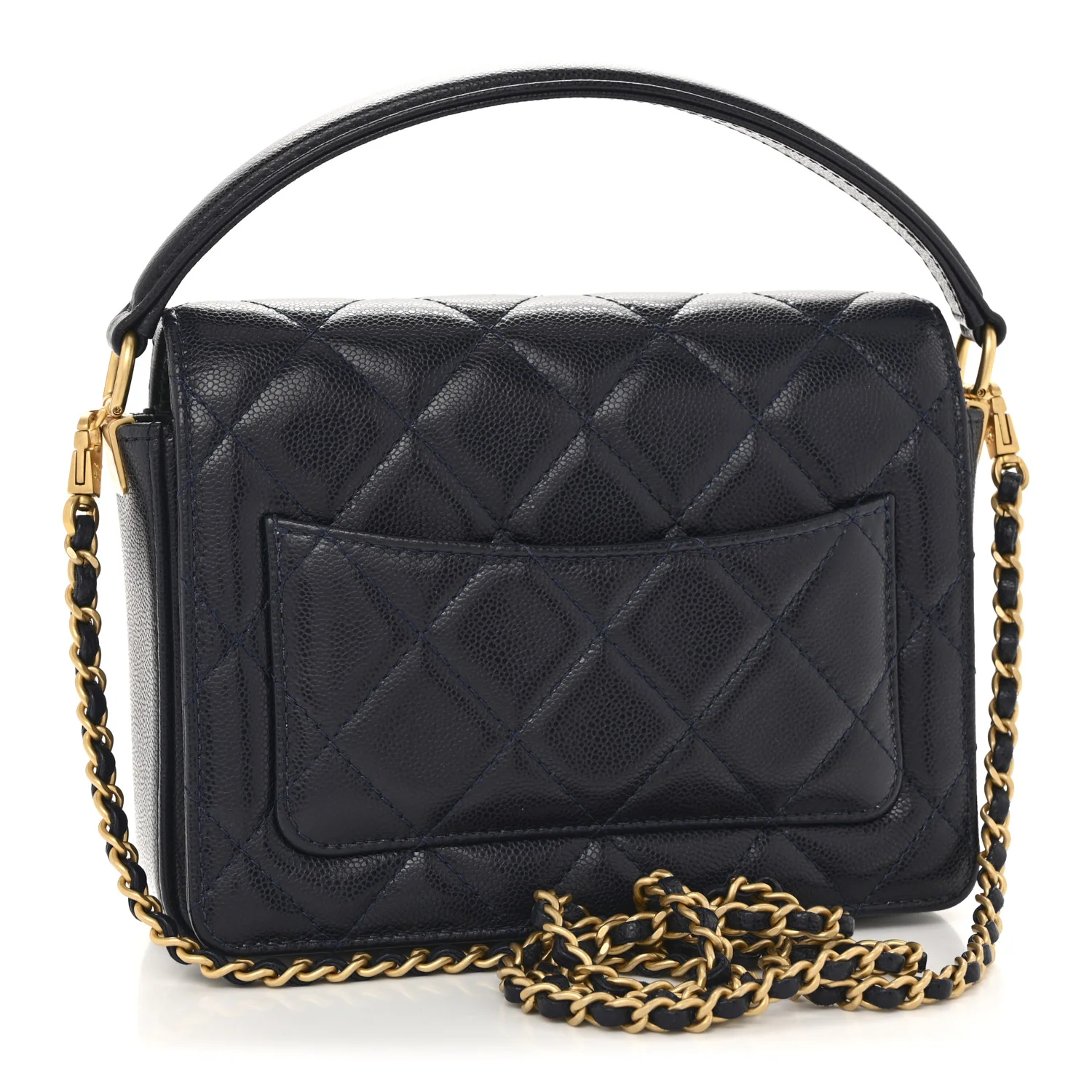 Shiny Caviar Quilted Mini Top Handle Flap Navy Blue - Top Club