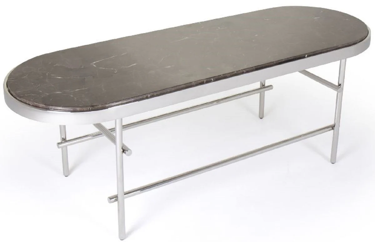 Luxury coffee table dark brown / silver 130 x 45 x H. 45 cm - Oval living room table with marble top and stainless steel frame - Luxury living room furniture