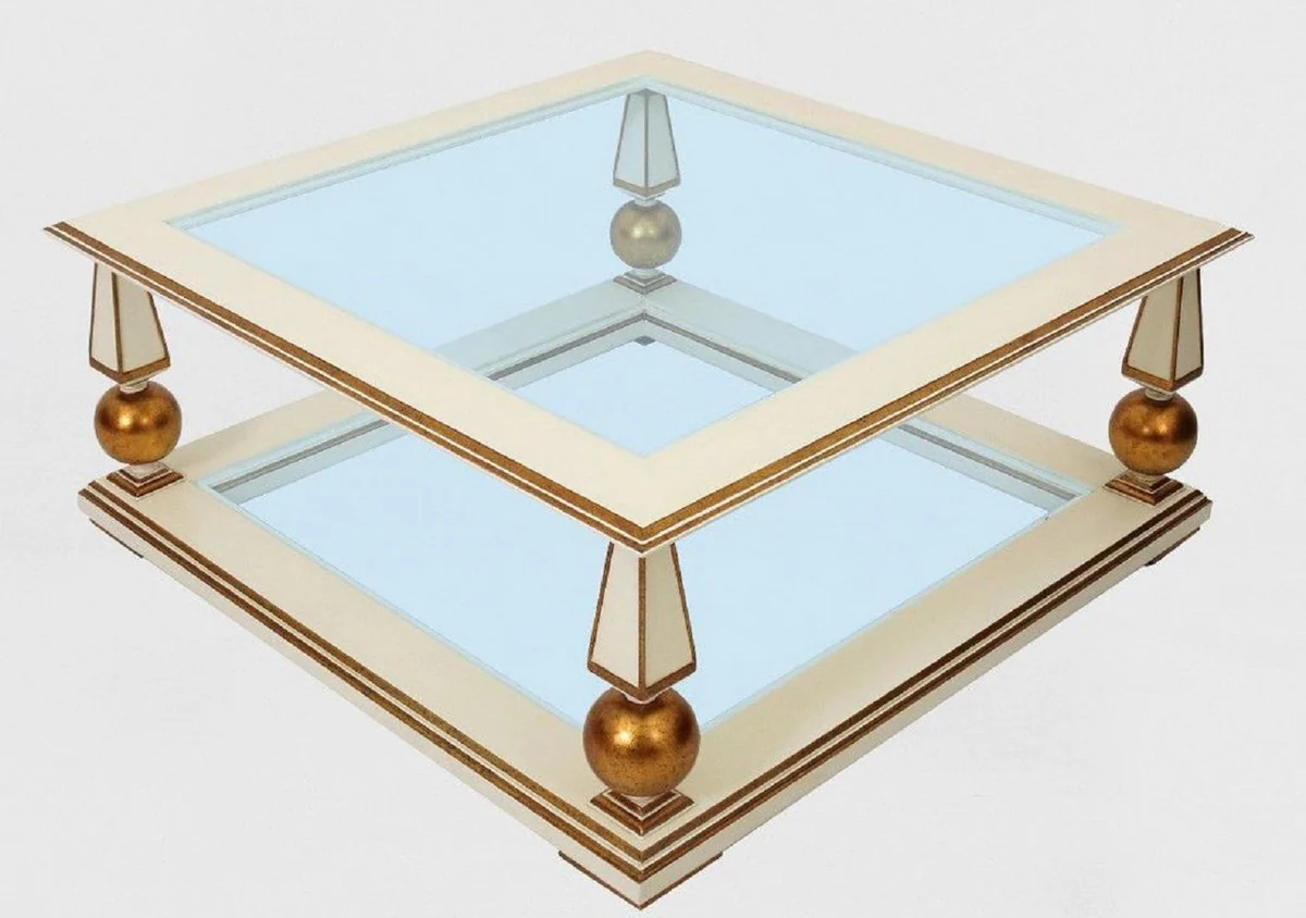 Luxury baroque coffee table white / antique gold 113 x 113 x H. 47 cm - magnificent solid wood living room table with glass tops - baroque living room furniture